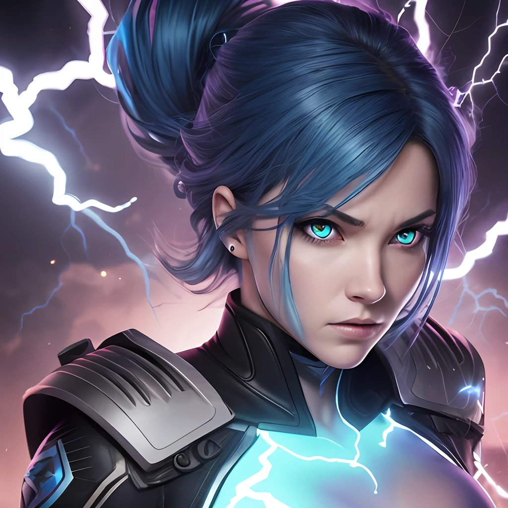 Photo-realistic portrayal of a 1:1 female character, with an arrogant expression; she has blue hair with static lightning, photorealistic blue glowing eyes, and is dressed in black. She possesses elemental electricity powers.)