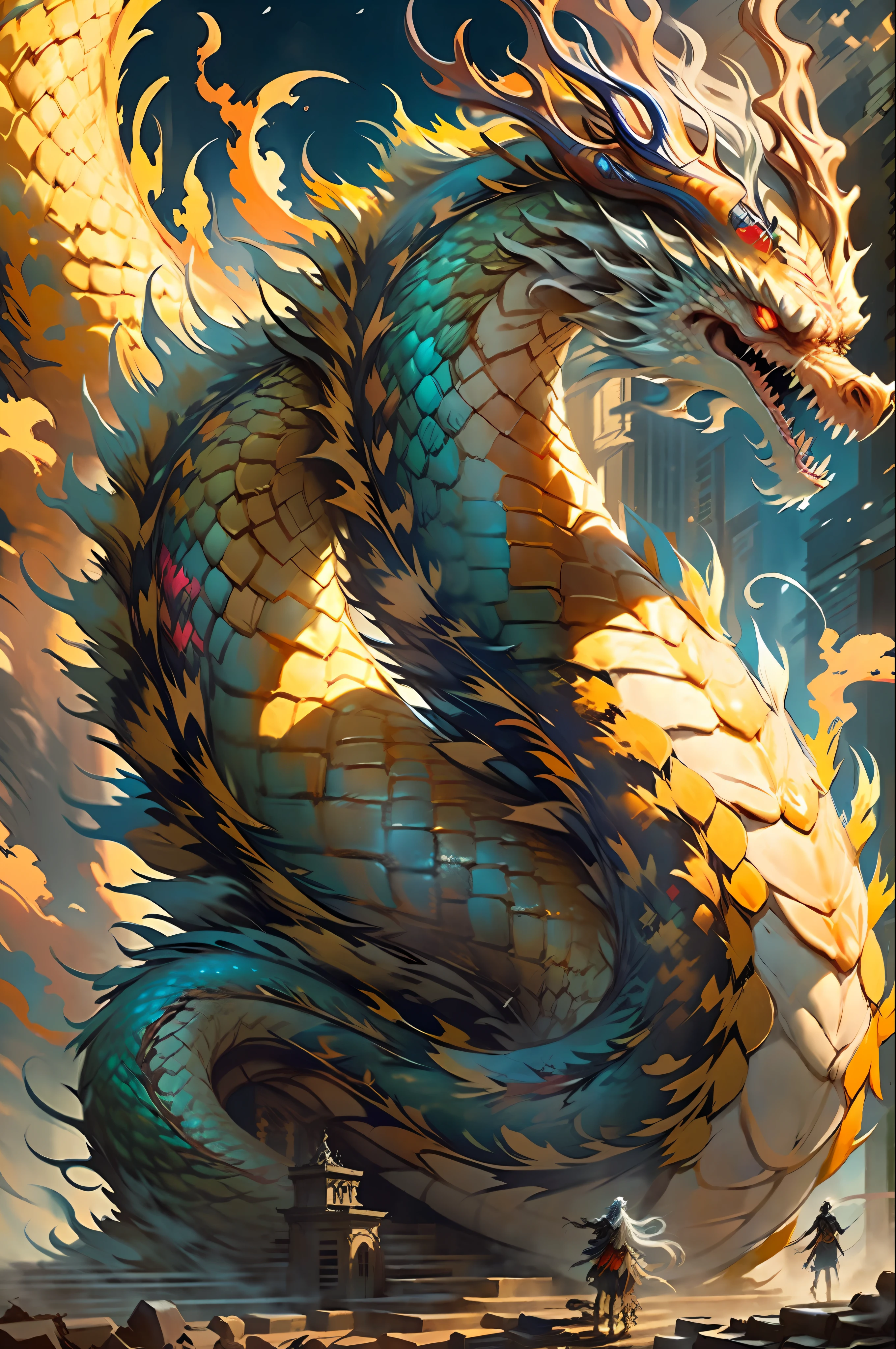 Best quality, masterpiece, super high resolution, no human, (length: 1.2), (fine: 1.2), snake body, long hair, sharp teeth, red eyes, teeth, giant, 1 girl, bird, outdoors, standing, scale, cloud, horn, from behind, armor, sky, open mouth, confrontation, charge, monster, size difference, white hair, buildings, valley, (realistic texture: 1.2), (glowing multicolored scales: 1.2), (realistic details: 1.2), ([front|side] :1.1), HDR, ultra-refined 3D modeling, as magical as the style paintings painted by Tim Burton, Dale Chihuly, Xiaolongcheng, Cyril Rolando and other authors such as Jr. Gigue. Shadows and lighting intertwine to create brilliant effects.