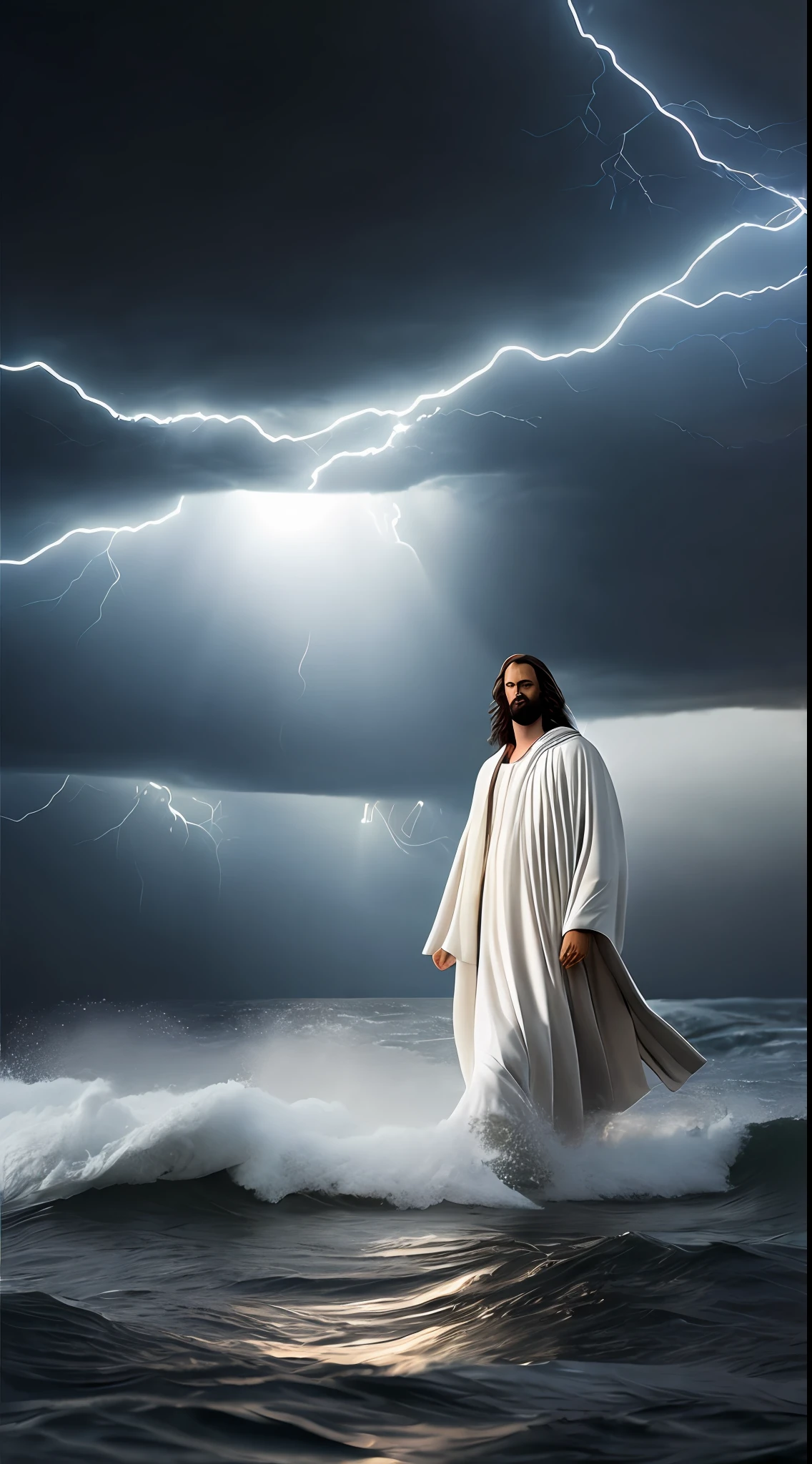 Jesus Christ walking on water in a storm, white robes, waves, soft expression, dark sky with lightning, lightning, photo realism, masterpiece, high quality, high quality, highly detailed CG unit 8k wallpaper, award-winning photos, bokeh, depth of field, HDR, bloom, chromatic aberration, realistic, very detailed, trend in CGsociety, complex, high detail, dramatic, volumetric lighting