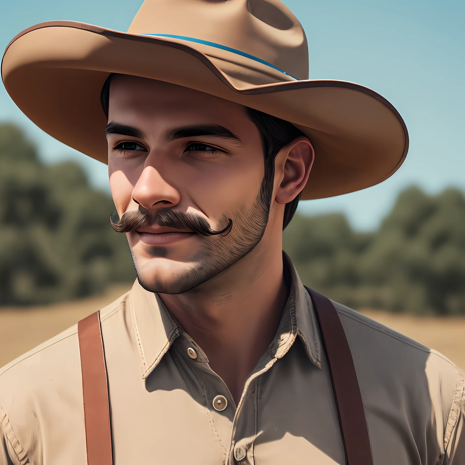 A photorealistic portrait of a young man in a rancher clothes', a tan shirt, suspenders and blue jeans wearing a rancher hat, hyper realistic, photorealistic, puffy natural hair, natural face, mustache, sideburns, , hyper detailed. happy --auto