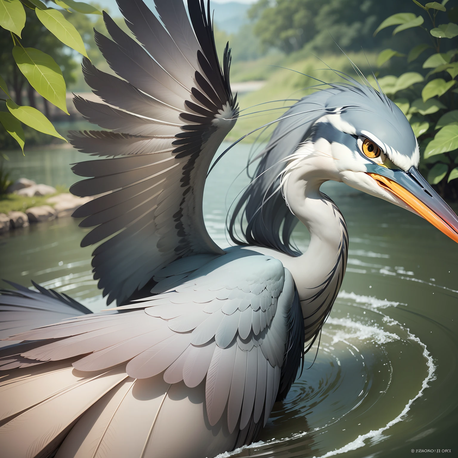 A man transformed into a heron is about to fly away, depicting a partial transformation with certain body parts transformed into heron features. The man has no arms and has changed to the wings of a heron. The heron's expression is playful. The artwork is set against a serene lake background. The man wears nothing and the skin on his body emphasizes his complete transformation into a heron. The camera used is a high-resolution DSLR, capturing the intricate details of the transformation. The composition focuses on the heron's face and the heron features, creating a visually striking juxtaposition. The perspective is slightly elevated, providing a unique viewpoint of the transformation. The lighting is soft and diffused, highlighting the details of the heron's feathers and the heron's face. The depth of field is shallow, with the heron in sharp focus while the background is slightly blurred. The shutter speed is fast. Ghibli studio anime style