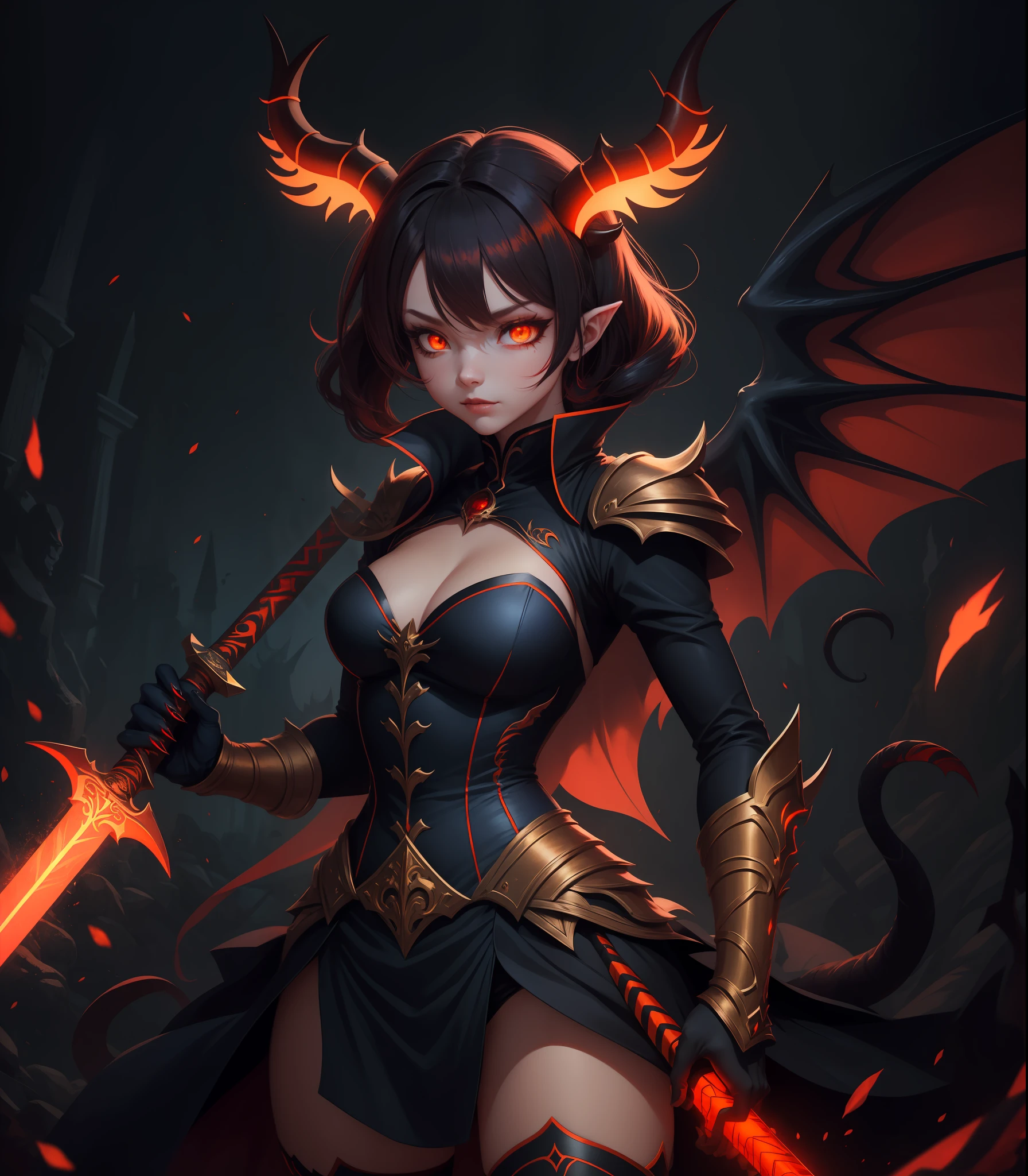 Orcus Magical Transformation Girl, black costume with deep red trim,  deep red horns, dark blue with dark red highlights Curtained hairstyle, glowing yellow eyes, red and orange sword, red claws, blue-black ax-like tail, red and orange arm wings, masterpiece, best quality