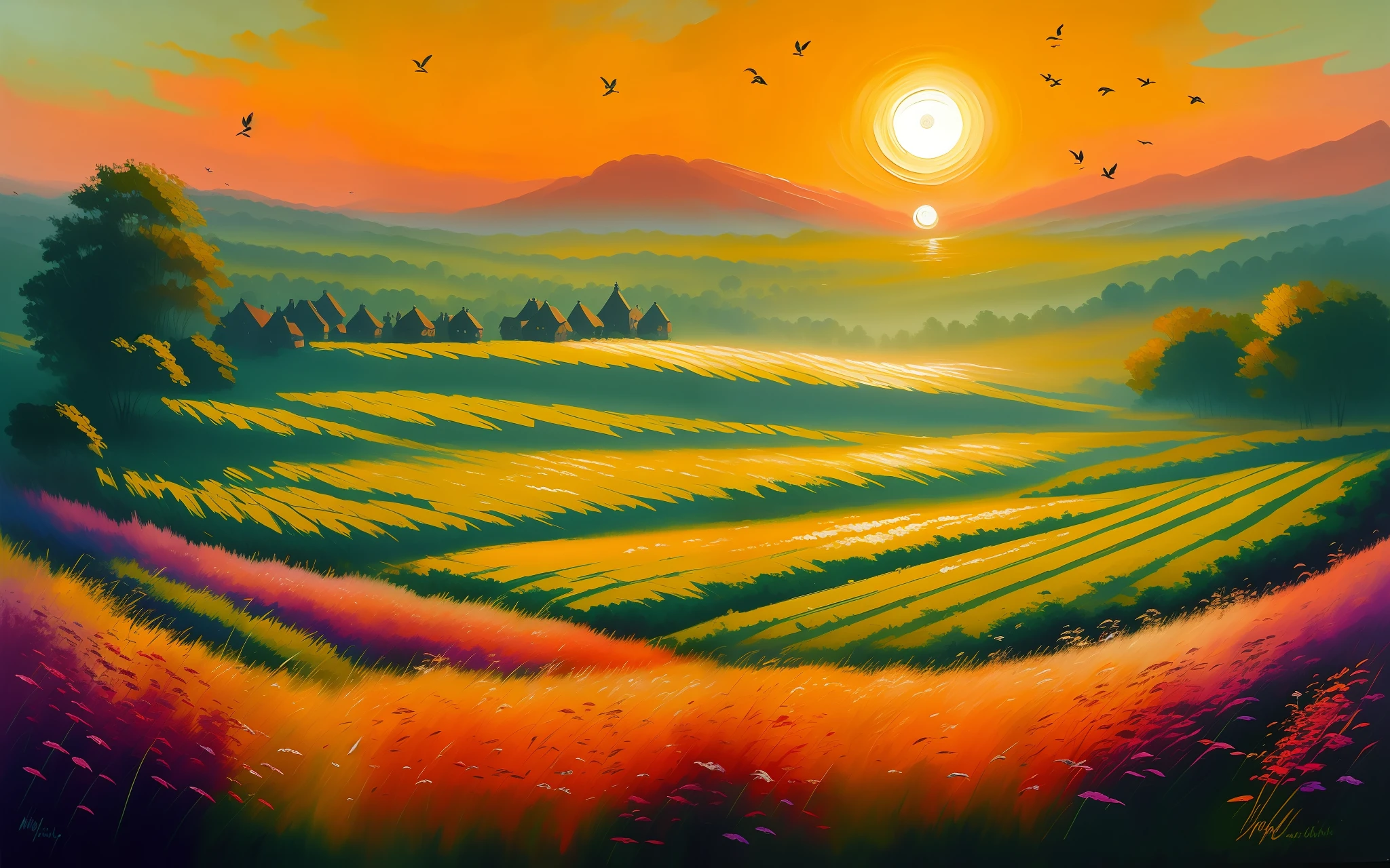 oil drybrush painting of a cozy grand green field in the sunrise, glistening dew, vivid colors, birds, warm