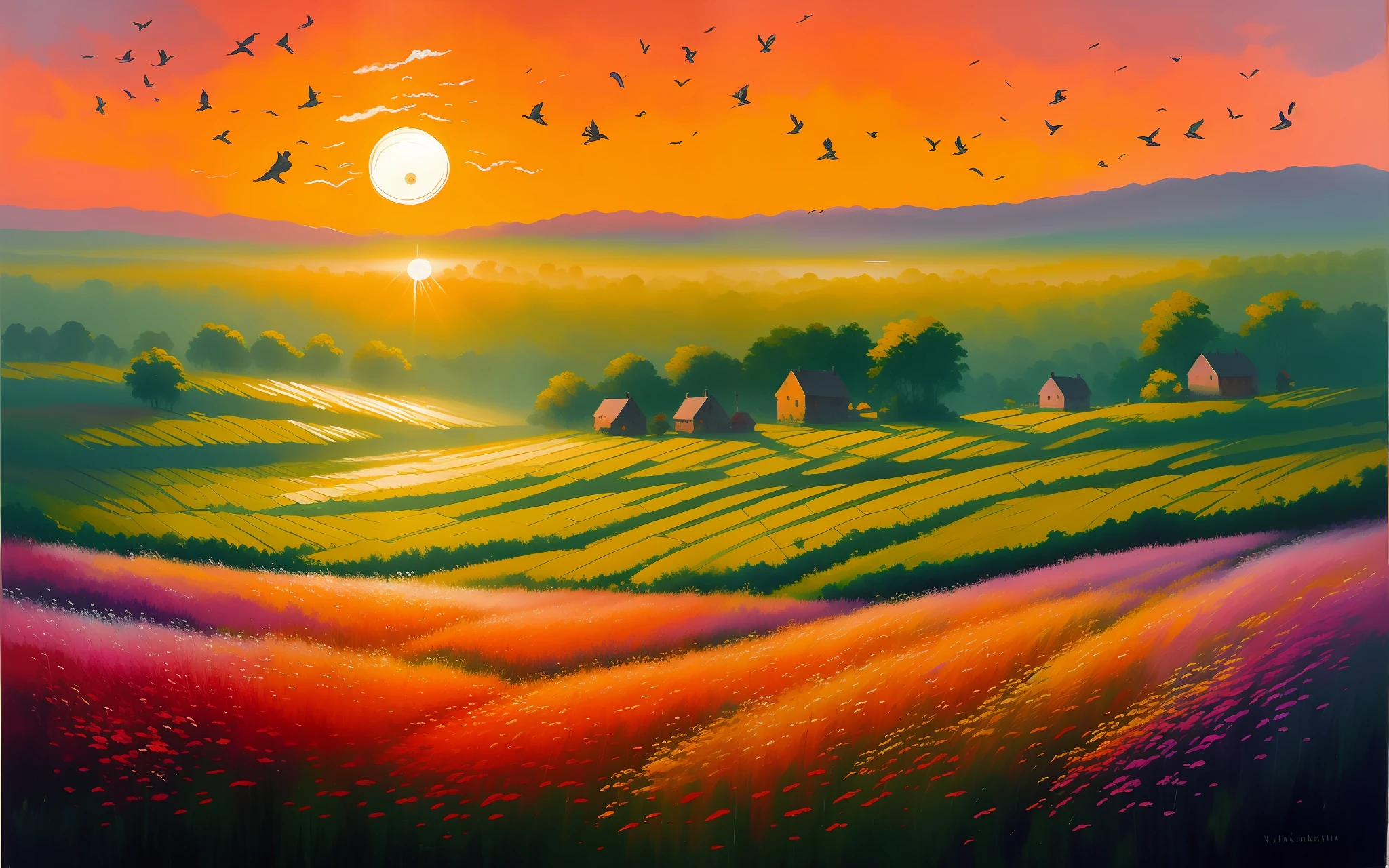 oil drybrush painting of a cozy grand green field in the sunrise, glistening dew, vivid colors, birds, warm