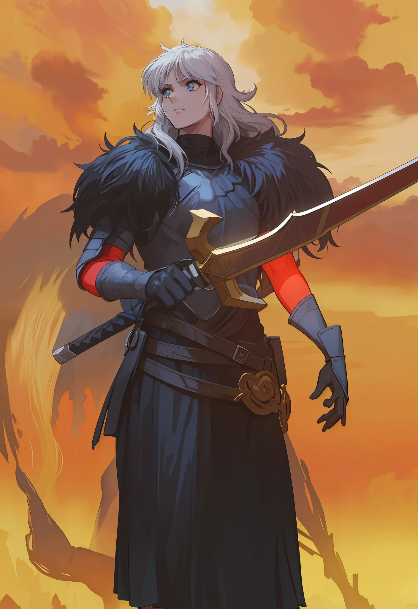 Masculino, pele negra, olhos amarelo,4k,no meio do fogo, Dark kingth armor Full body, Dark fantasy, segurando uma espada,tons de calor