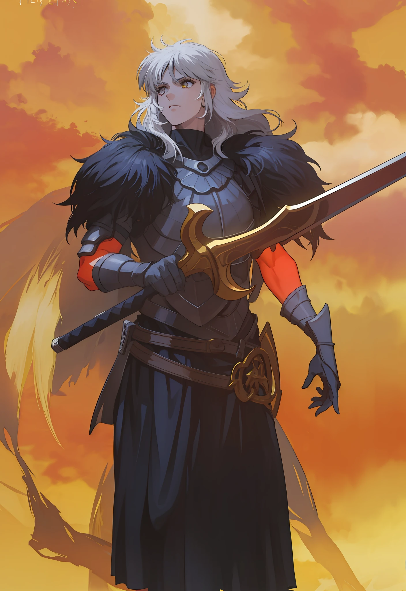 Masculino, pele negra, olhos amarelo,4k,no meio do fogo, Dark kingth armor Full body, Dark fantasy, segurando uma espada,tons de calor
