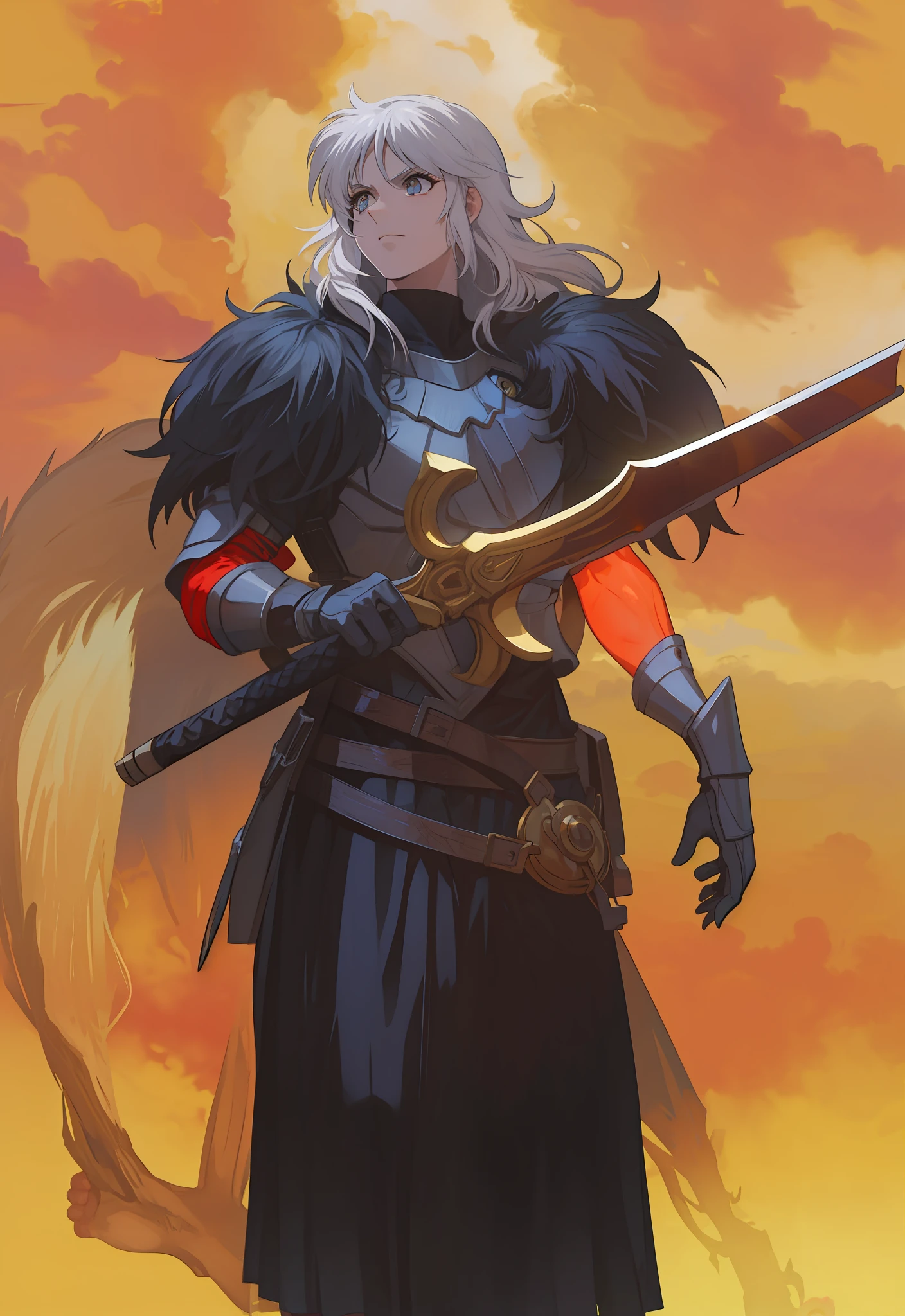 Masculino, pele negra, olhos amarelo,4k,no meio do fogo, Dark kingth armor Full body, Dark fantasy, segurando uma espada,tons de calor