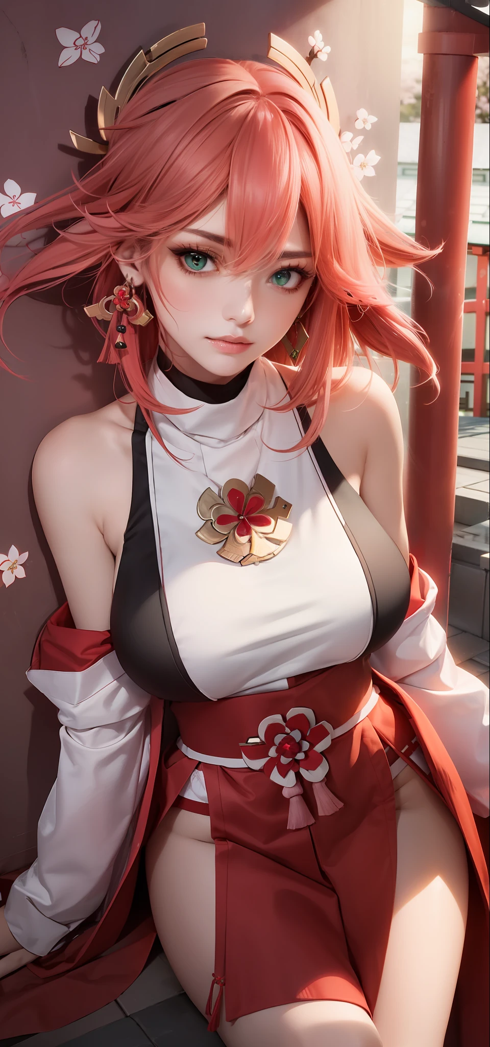 (Masterpiece, Excellent, 1girl, solo, complex details, color difference), realism, ((medium breath)), off-the-shoulders, big breasts, sexy, Yae Miko, long pink hair, red headdress, red highlight, hair above one eye, green eyes, earrings, sharp eyes, perfectly symmetrical figure, choker, neon shirt, open jacket, turtleneck sweater, against the wall, brick wall, graffiti, dim lighting, alley, looking at the audience, ((mean, seductive, charming)), ((cherry blossom background ))),((Japanese temple background)))), (((Glow-in-the-dark background)))