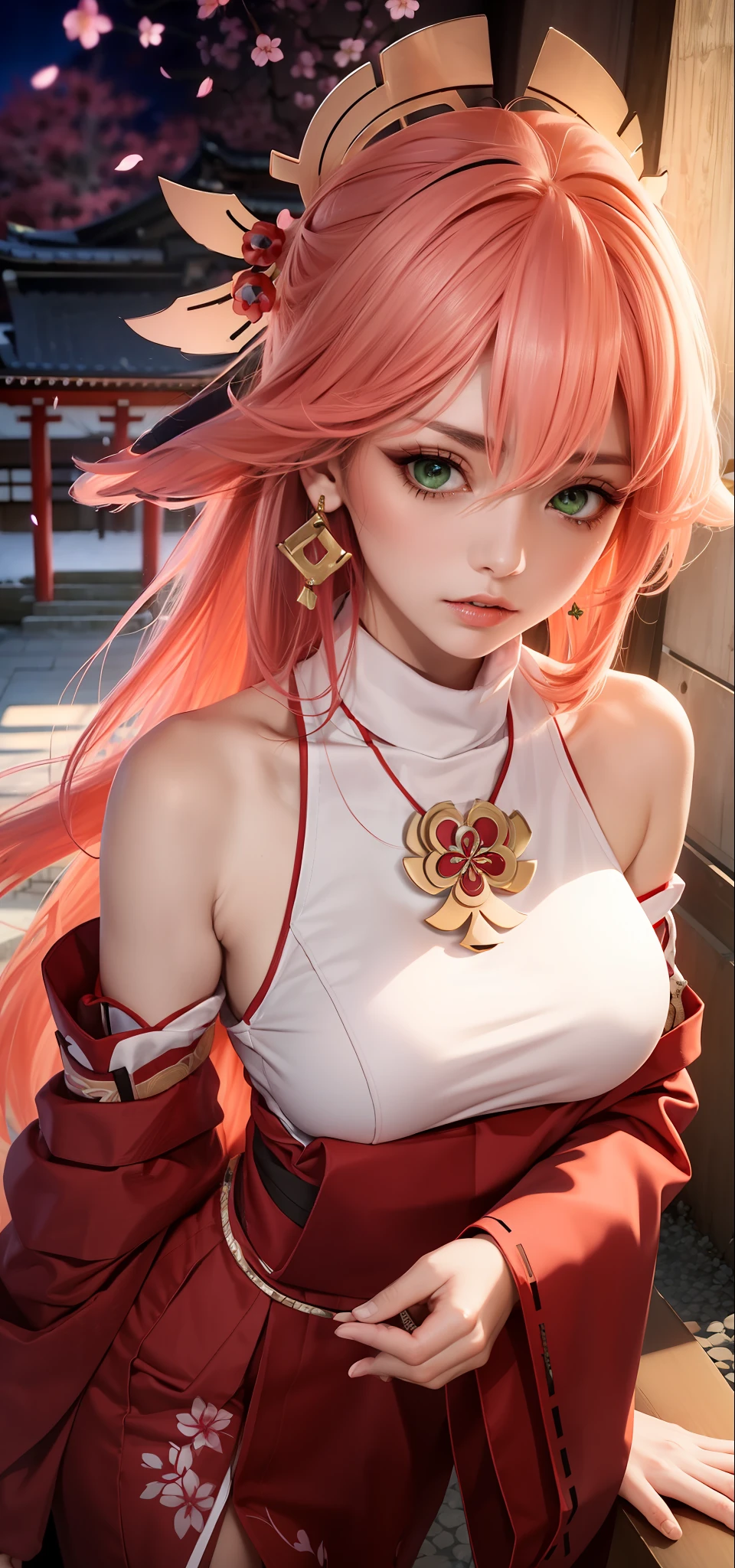 (Masterpiece, Excellent, 1girl, solo, complex details, color difference), realism, ((medium breath)), off-the-shoulders, big breasts, sexy, Yae Miko, long pink hair, red headdress, red highlight, hair above one eye, green eyes, earrings, sharp eyes, perfectly symmetrical figure, choker, neon shirt, open jacket, turtleneck sweater, against the wall, brick wall, graffiti, dim lighting, alley, looking at the audience, ((mean, seductive, charming)), ((cherry blossom background ))),((Japanese temple background)))), (((Glow-in-the-dark background)))
