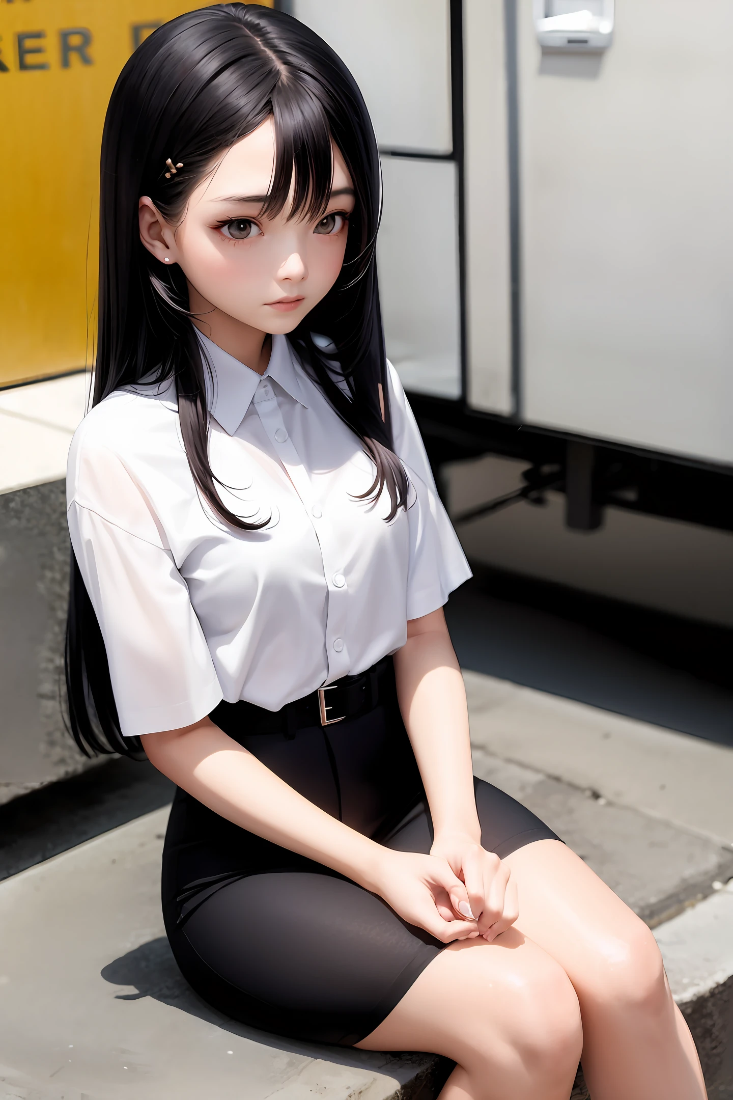 Girl with long black hair and white shirt