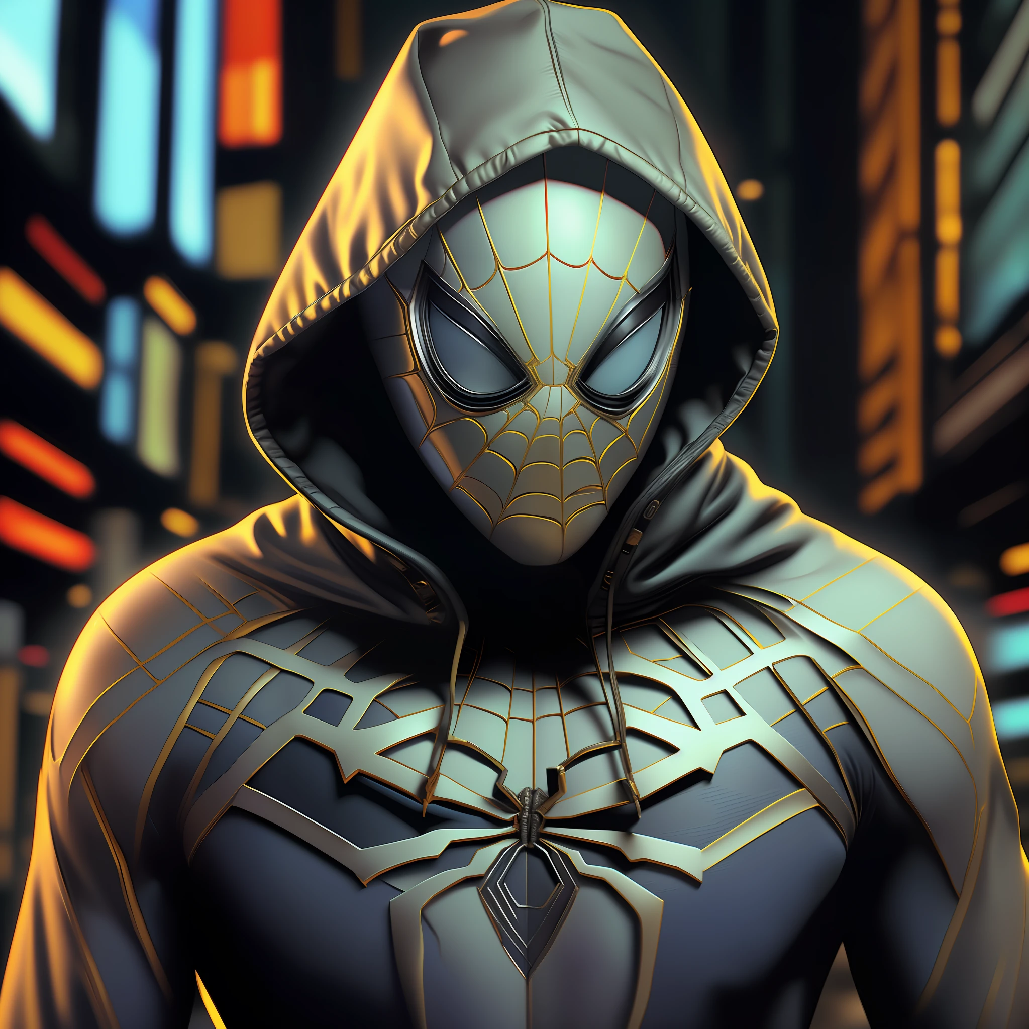 spider - man in a hoodie standing in a city at night, futuristic style spiderman, miles morales!!!, miles morales, wallpaper 4 k, wallpaper 4k, spider - verse art style, into the spiderverse, hq 4k wallpaper, into the spider verse, spiderverse, hero pose colorful city lighting, wojtek fus, 8k render”