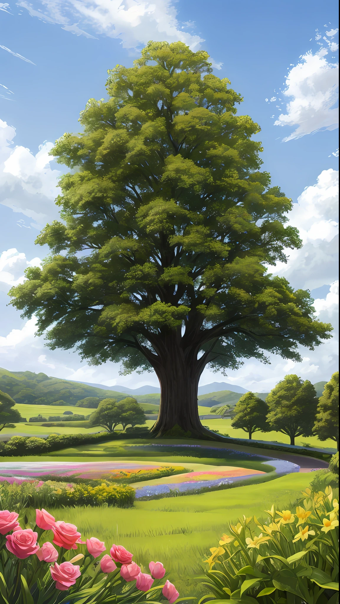 Obra maestra, La mejor calidad, No hay humanos, castle garden, trees, verano, flores, Arbustos, Rosas, nubes, Cielo, Camino de piedra, big tree, Abejas, Mariposas, Hiperrealista, Antecedentes detallados, Profundidad de campo, rimlighting, Aspectos destacados especulares, florecer, Atmospheric Illumination