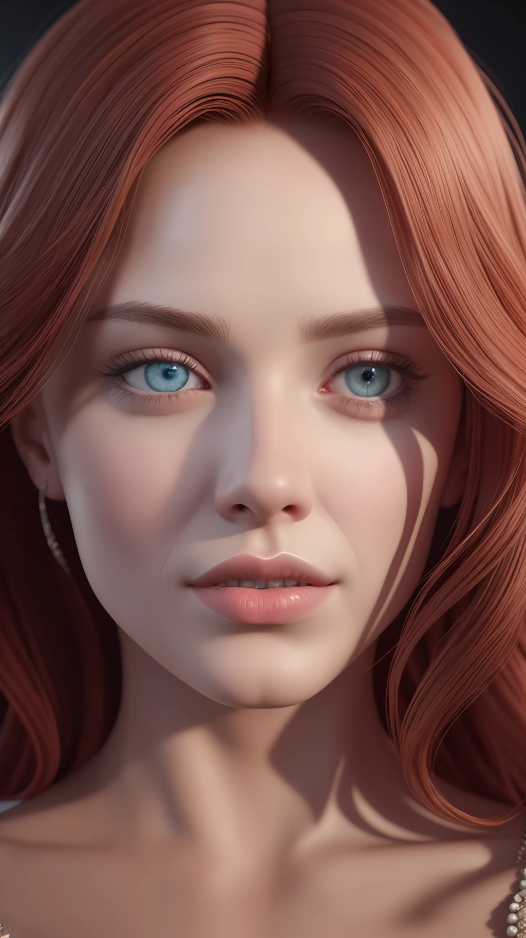 realistic light, beautiful redhead, princess, beautiful, super realistic, facing forward, blue eyes, pretty, perfect face, no wrinkles, bright face, makeup, red lipstick, smooth skin, portrait painting, rosy cheeks, top model, painting hyper-detailed, head-only portrait, detailed, composite portrait, looking at camera, blurred, 16k, 3d rendering, octane rendering, intricate detail, 8k post-production, high resolution, incredibly realistic and detailed expressions, 8k UHD, artwork raw material, ultra fine details,