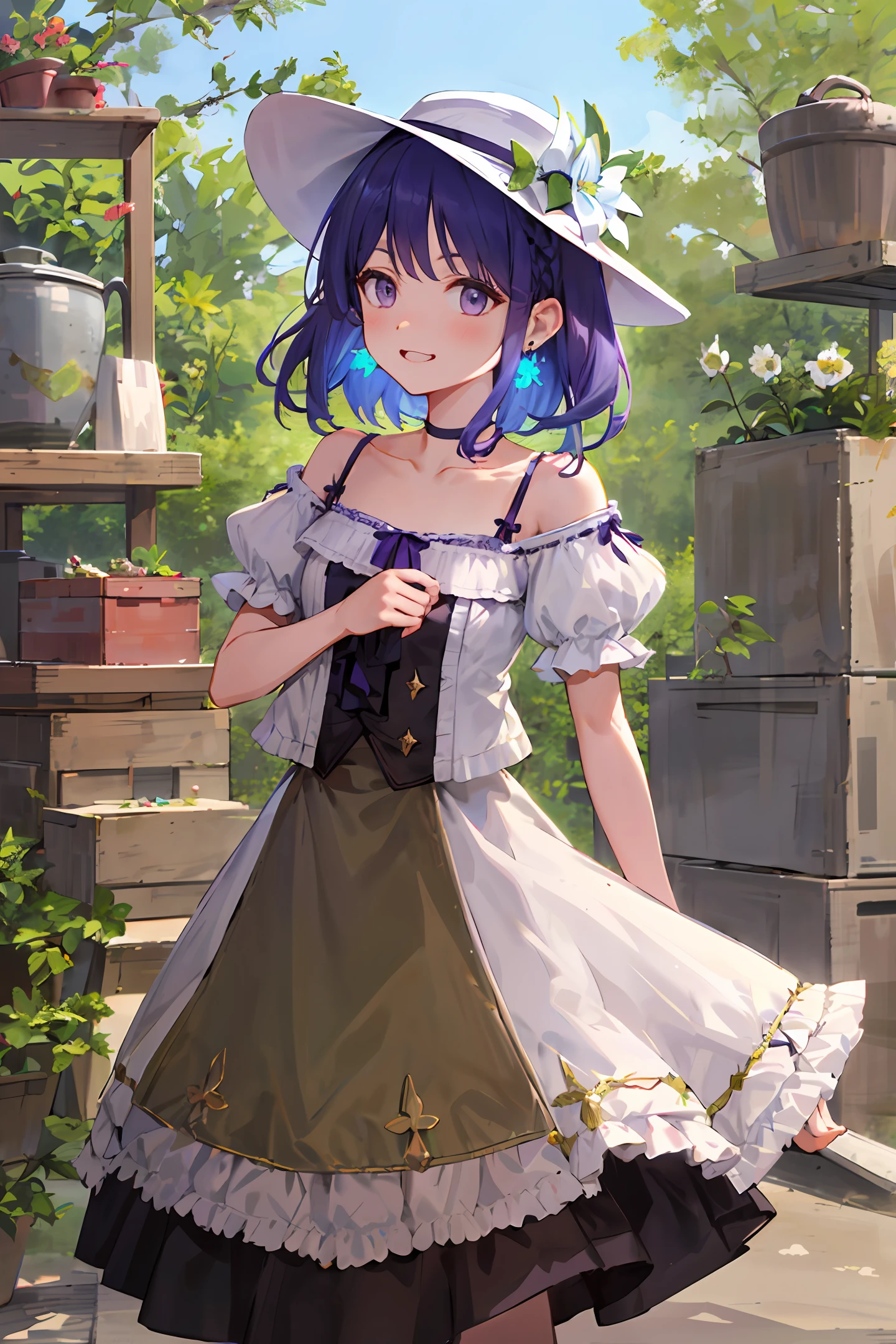 Short purple hair，White dress pajamas，Flowers in hand，The barefoot，standingn，On the doorstep，head bowed slightly，Beautiful，delicated