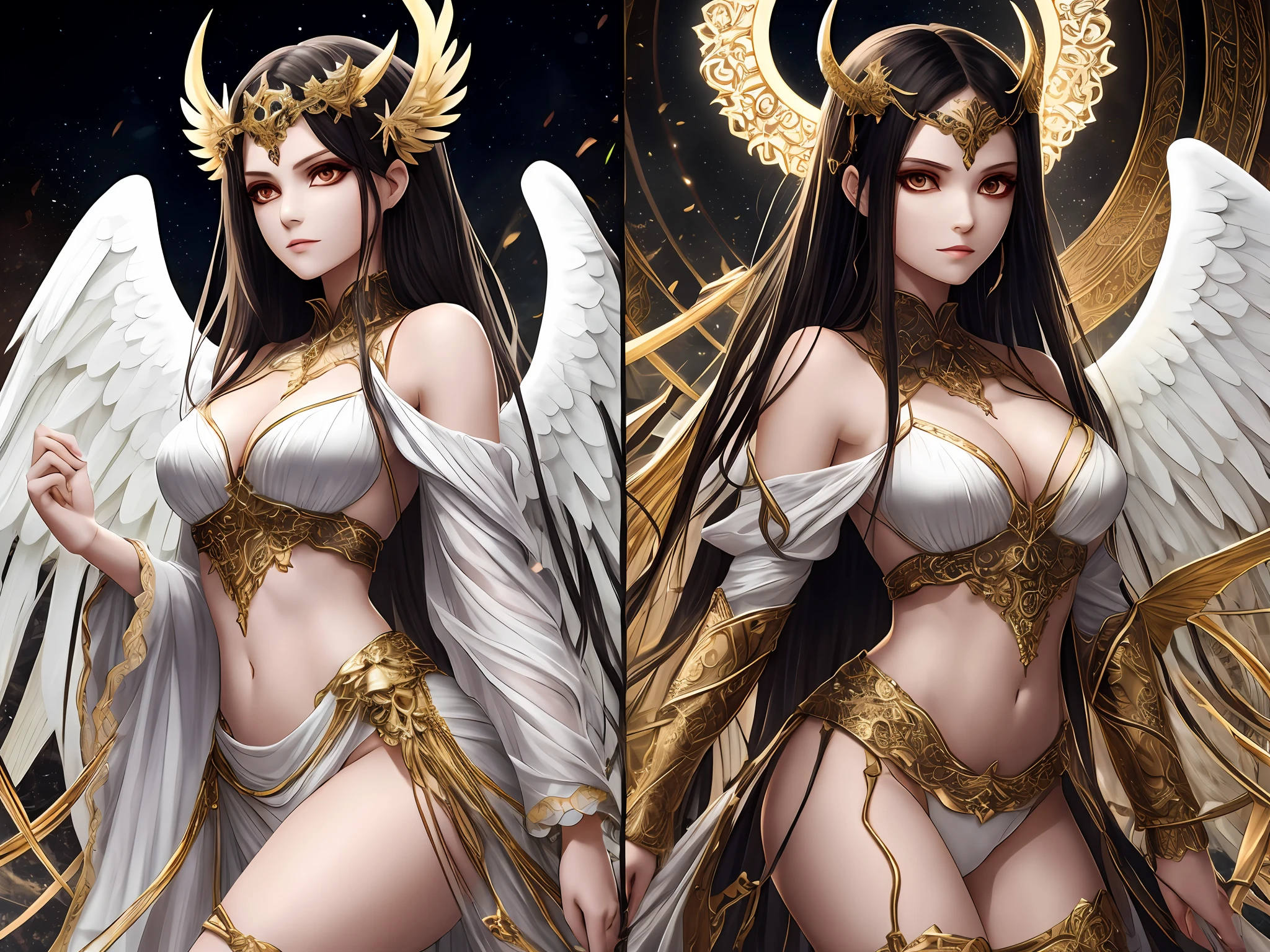 a beautiful angel and a ferocious demoness, looking each other. The angel has white wings and white clothes, angel halo and long golden hair, while the demoness has black wings, dark clothes and dark hair. Both are wearing amazing, intricately designed clothes --auto --s2
