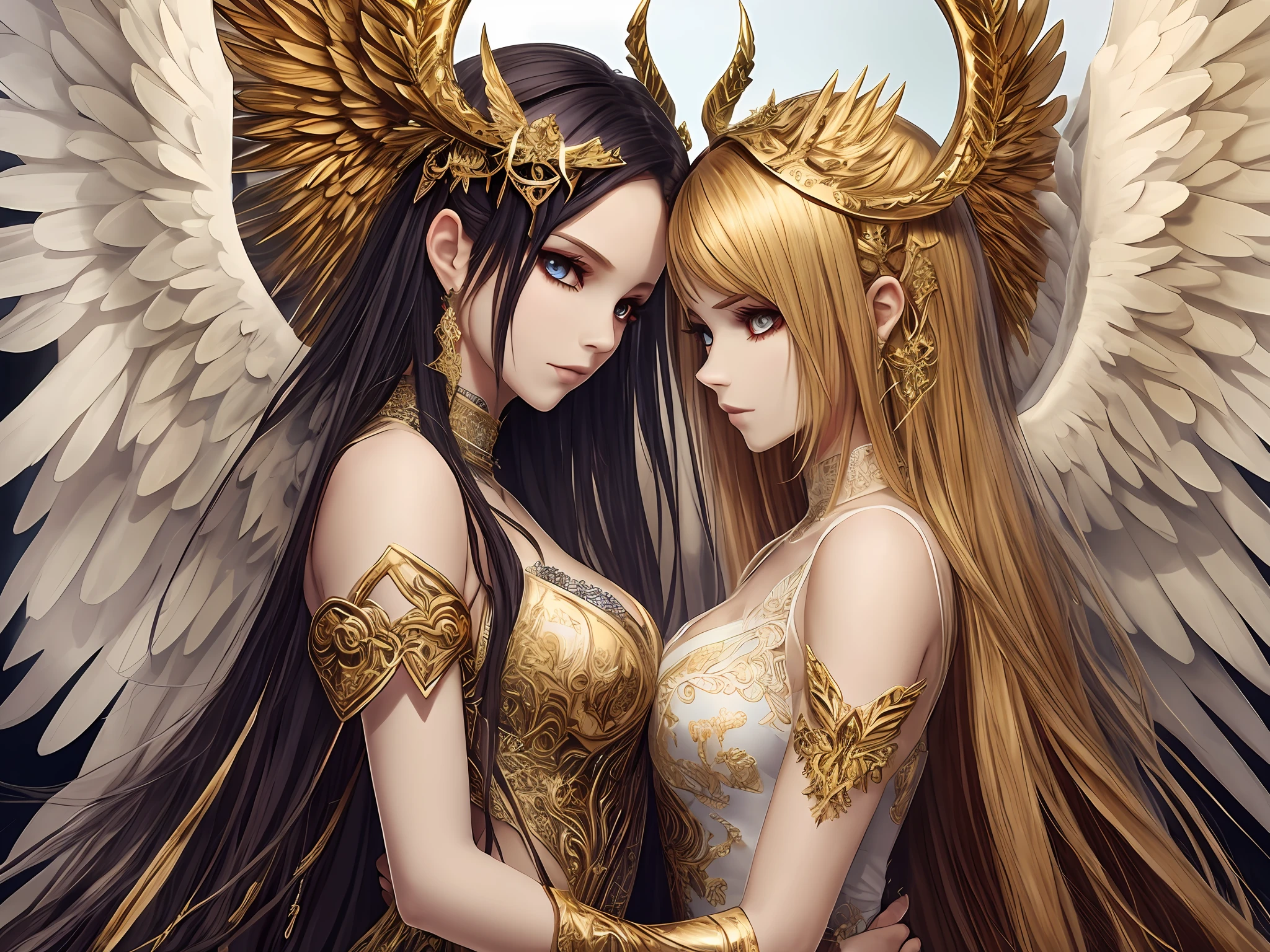 a beautiful angel and a ferocious demoness, looking each other. The angel has white wings and white clothes, angel halo and long golden hair, while the demoness has black wings, dark clothes and dark hair. Both are wearing amazing, intricately designed clothes --auto --s2