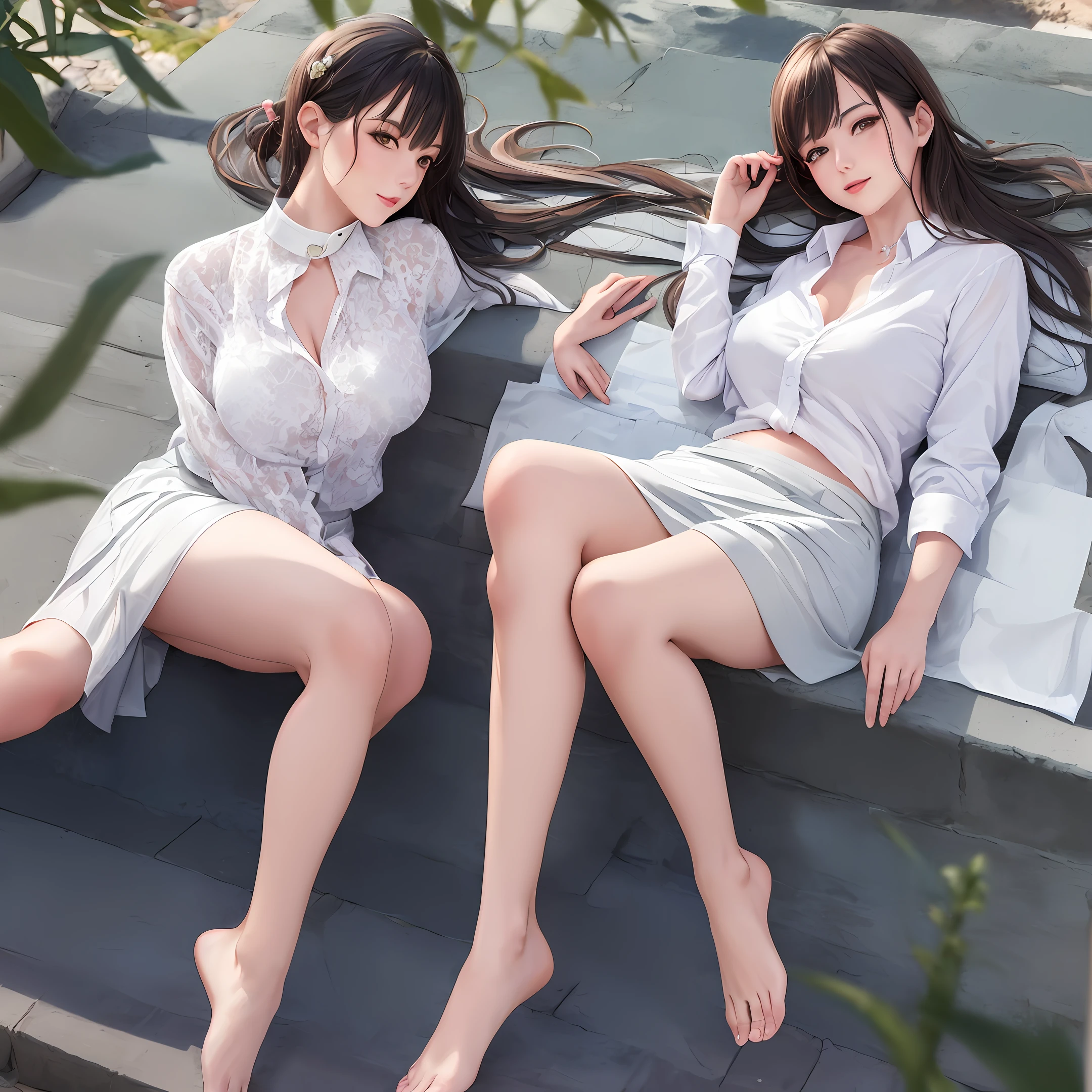 (8k, Best Picture Quality, tmasterpiece:1.2), (realisticlying, realisticlying:1.37), ultra detali, 1个Giant Breast Girl, A tranquil, Barefoot by the sea, natta, sitted, dated, (Nasal redness), (ssmile:1.15),(Keep one's mouth shut)smallunderboob,beautiful detailed eyes,(collar shirt:1.1),natta,swet,long  skirt,Sateen,White lace,Long flowing hair NovaFrogStyle,
