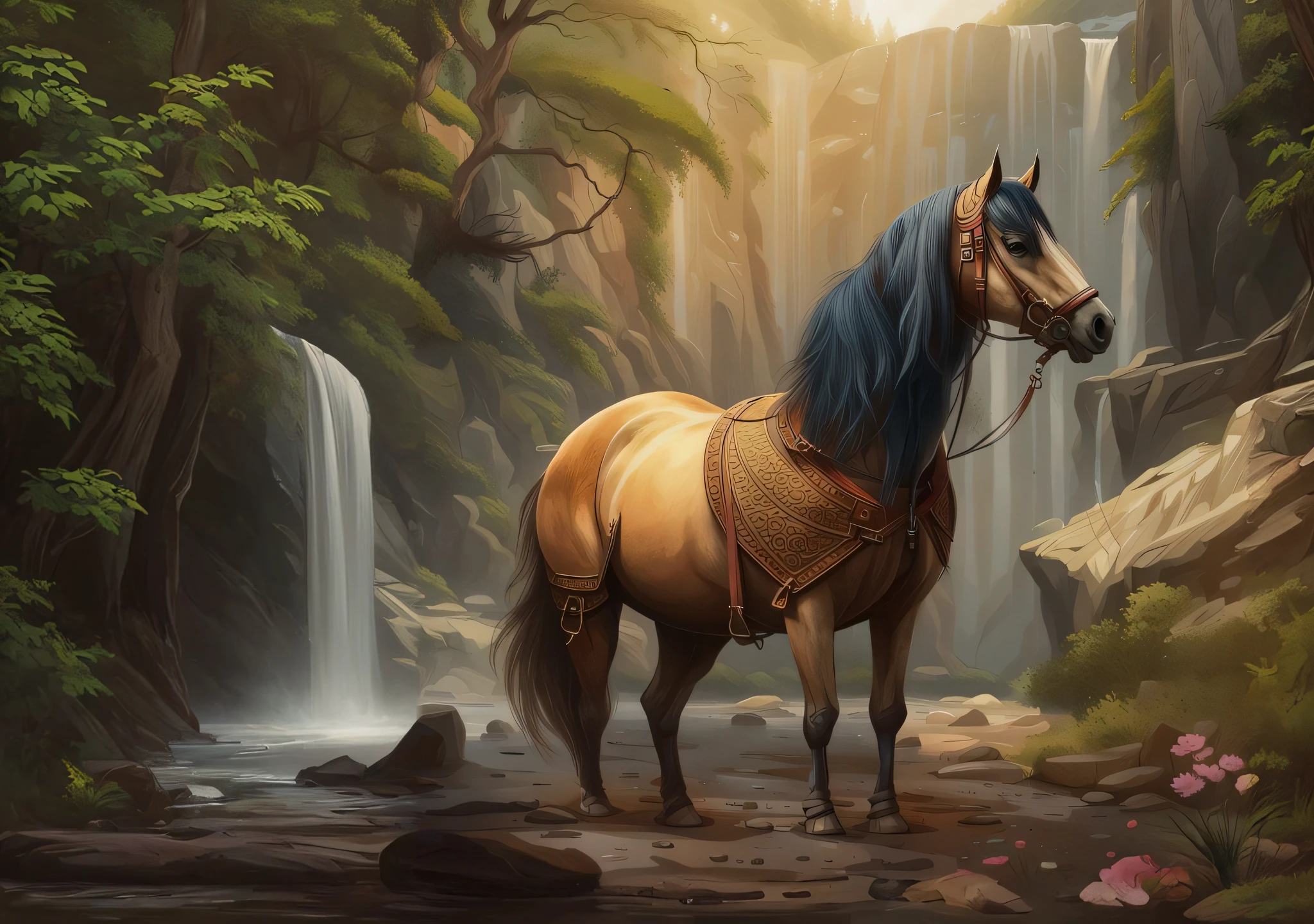 painting of a horse standing in front of a waterfall in a forest, realistic fantasy illustration, pintura digital bonita, Cavalo sereno bonito, pintura digital muito detalhada, lindo pintura digital, pintura digital altamente detalhada, pintura digital altamente detalhada, pintura de fantasia realista, pintura digital de alta qualidade, por Kerembeyit, pintura digital detalhada, Commission for High Res, arte conceitual altamente realista