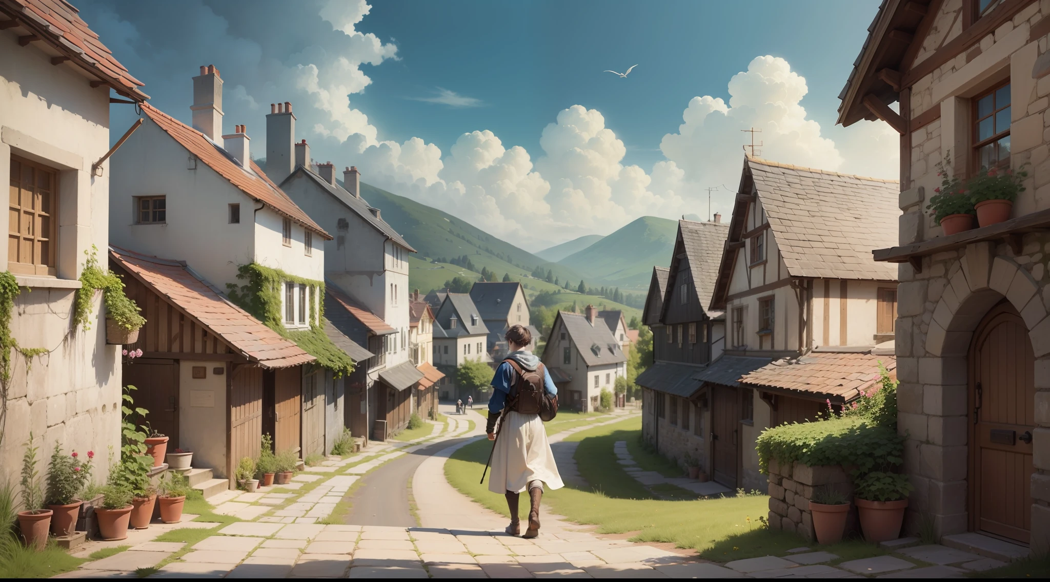 For the fourth scene, I would like an image of a young medieval man eagerly heading towards the village with a fresh perspective and a sense of purpose.