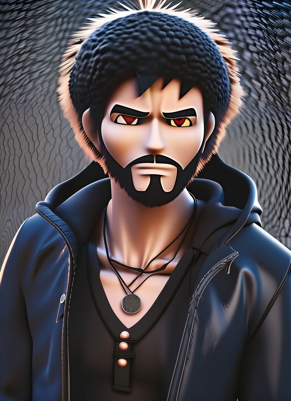 Profile picture, human, romanian, male, age 20 to 30 years old, natural tanned skin, skinny, adult, freckles, medium long black hair with indigo streaks, yellow eyes, goatee, wearing a lot of ear piercings, nose piercing, tattoos on chest and neck, black hoodie, black dog collar with silver spikes, punk, emo, trollhunters style, semi realistic, realistic, modern setting, modern style, enhanced quality, immense details, 8k, NOT FEMININE --auto --s2