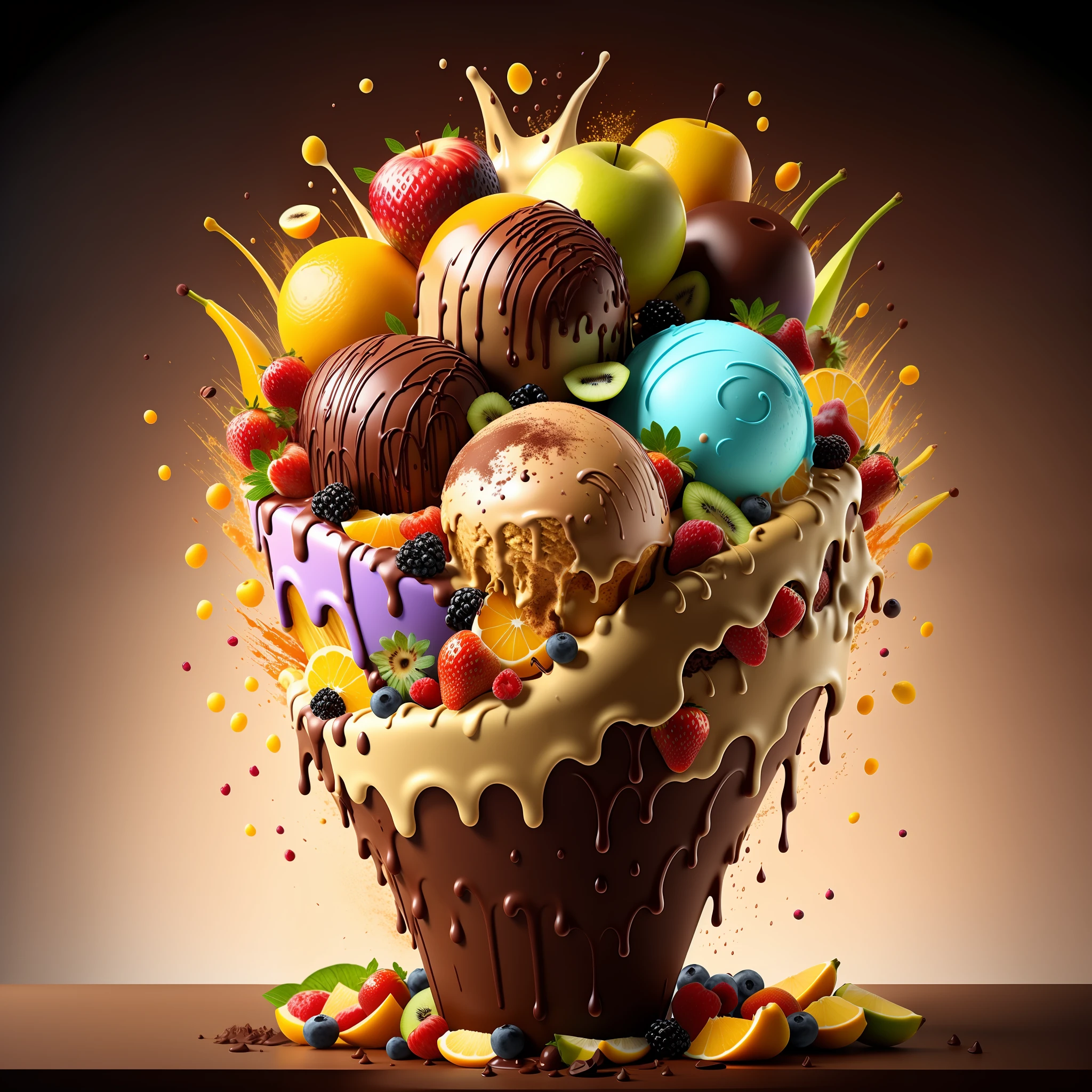 (explosion:0.6) of fruits and dark chocolate ice-cream, high detail, very realistic, bright environment