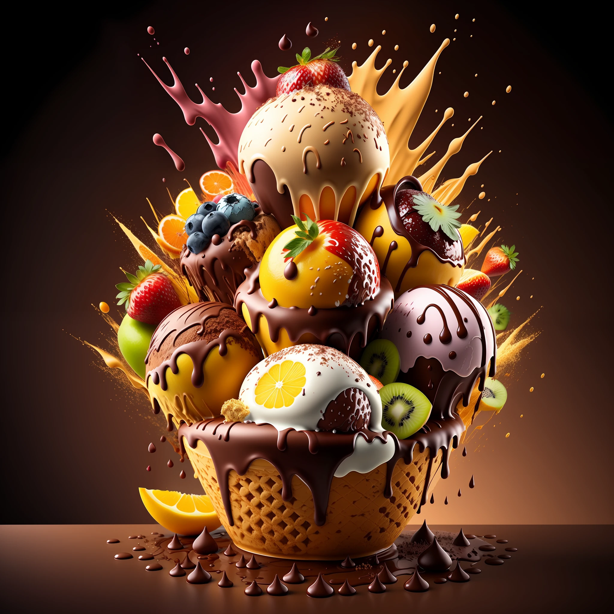 (explosion:0.6) of fruits and dark chocolate ice-cream, high detail, very realistic, bright environment