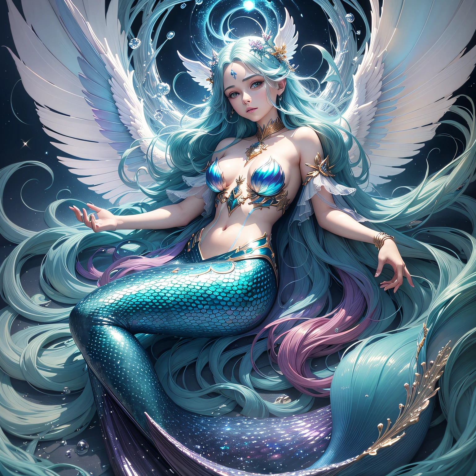 (master part), of the highest quality, Imagem em 8K, an aquatic digital art (Aquarela), A mystical mermaid, com um olhar penetrante e expressivo, Longas, flowing hair, in an ocean of unimaginable depth, com uma luz suave e encantadora, emoldurada por algas, A surrealistic and magical scene. --auto