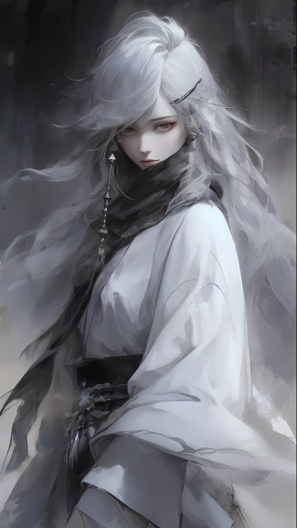 Close-up of a woman with white hair and a black scarf，a character portrait by Yang J，Pixiv competition winner，Fantasyart，white-haired god，Beautiful character painting，Guviz-style artwork，Yuki Onna's glareing gaze，Guweiz，long  white hair，Long white hair，flowing hair and long robes，Full