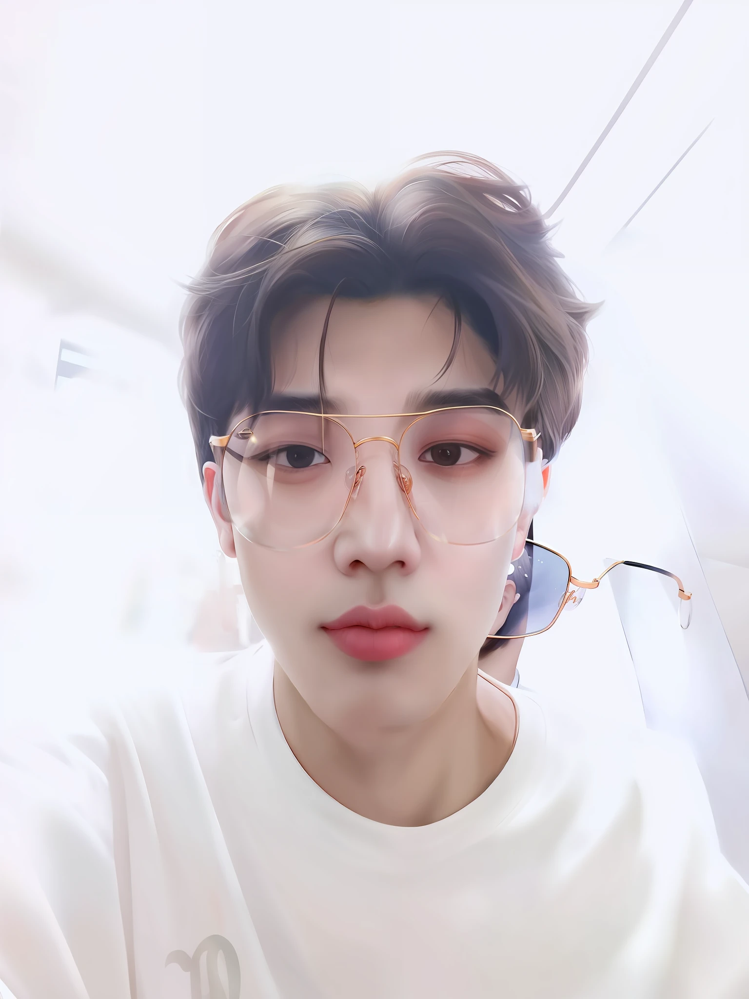 there is a man with glasses on posing for a picture, With glasses, 8k selfie photograph, with short hair, yanjun cheng, wears glasses, Without glasses, Very clear face, with square glasses, hong june hyung, South Korean male, clear cute face, clear symmetrical eyes, wearing thin large round glasses, with small nose, wideangle portrait