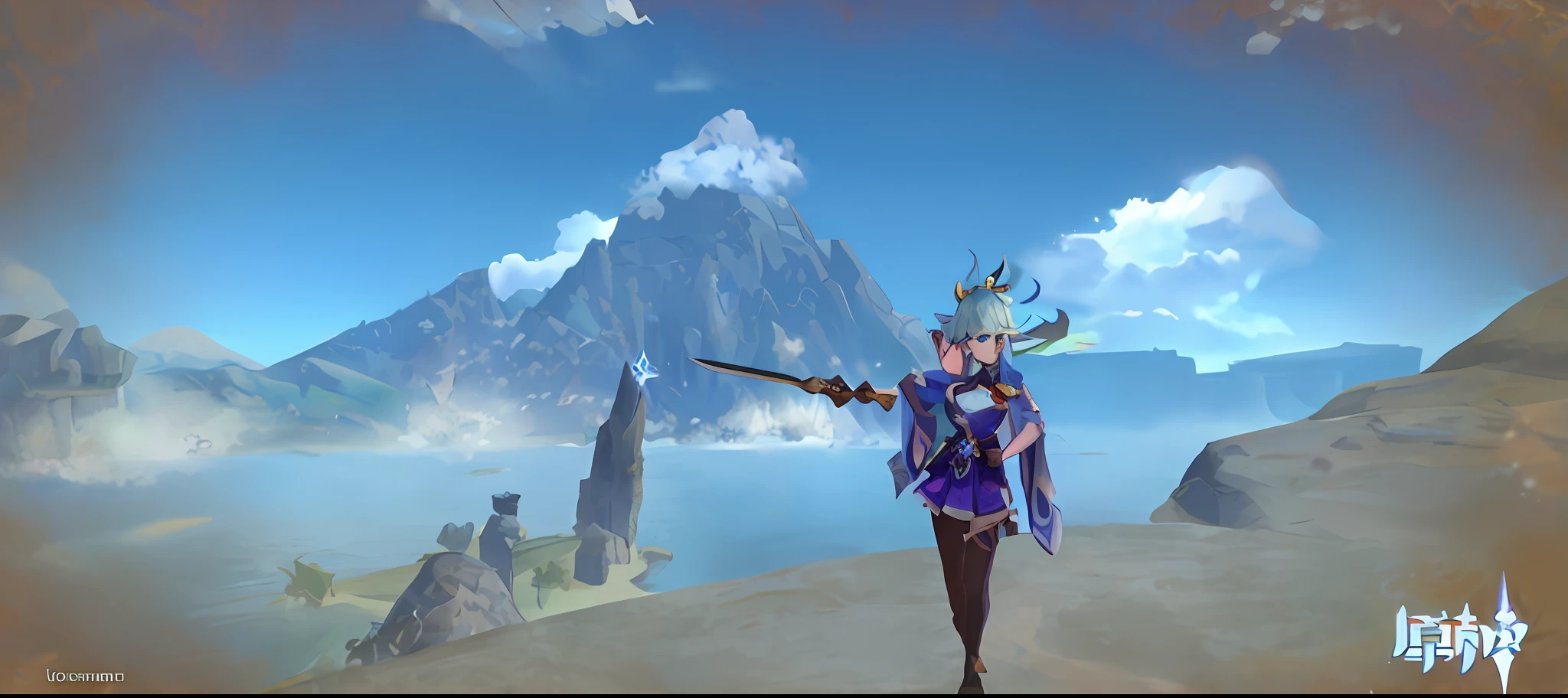 there is a woman in a purple outfit holding a sword, Ayaka Genshin impact, ayaka game genshin impact, Genshin Impact style, genshin impact character, Keqing from Genshin Impact, Genshin, video game genshin impact, aqua from konosuba, azure cape, cotton cloud mage robes, Genshin Impact