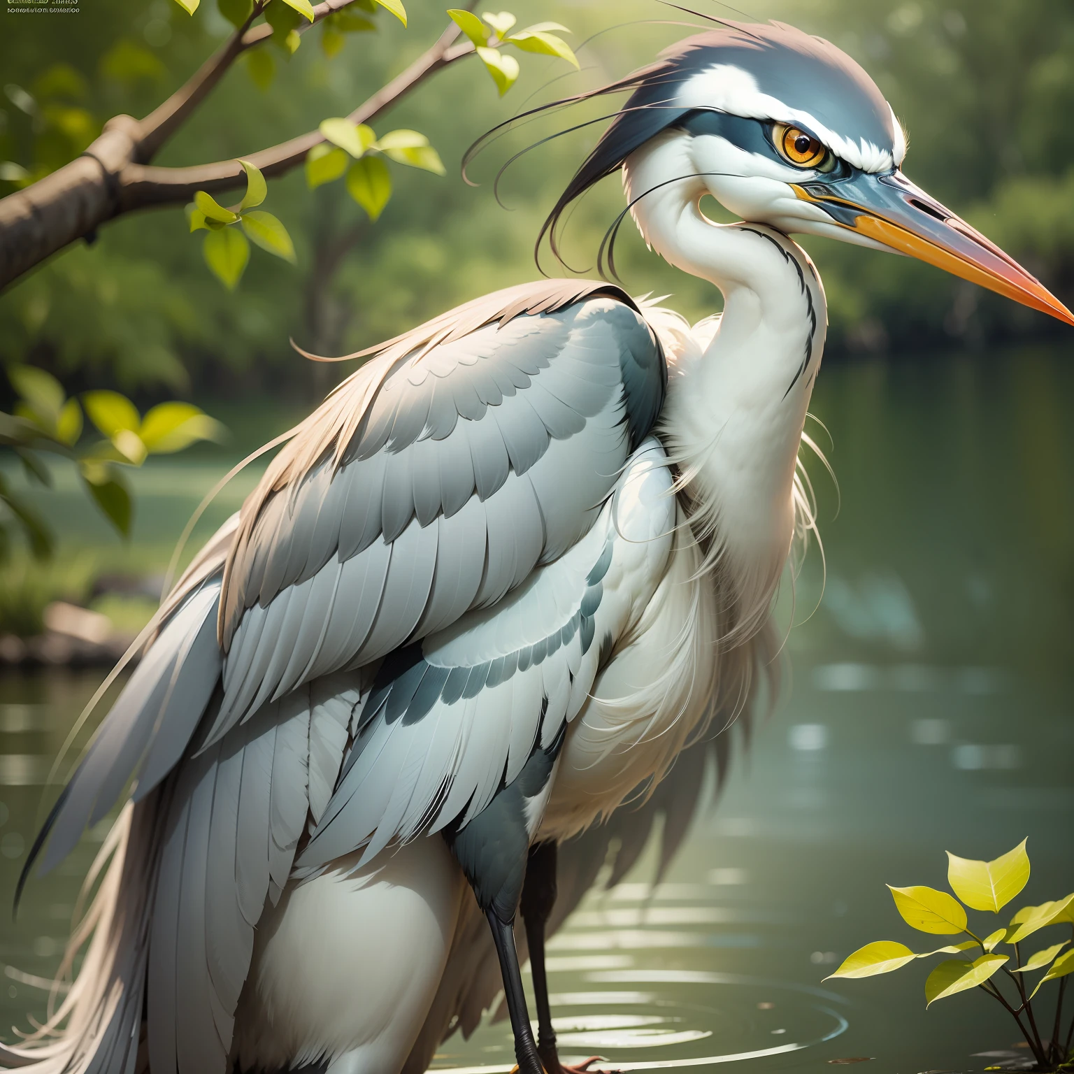 A man transformed into a heron is about to fly away, depicting a partial transformation with certain body parts transformed into heron features. The man has no arms and has changed to the wings of a heron. The heron's expression is playful. The artwork is set against a serene lake background. The man wears nothing and the skin on his body emphasizes his complete transformation into a heron. The camera used is a high-resolution DSLR, capturing the intricate details of the transformation. The composition focuses on the heron's face and the heron features, creating a visually striking juxtaposition. The perspective is slightly elevated, providing a unique viewpoint of the transformation. The lighting is soft and diffused, highlighting the details of the heron's feathers and the heron's face. The depth of field is shallow, with the heron in sharp focus while the background is slightly blurred. The shutter speed is fast. Ghibli studio anime style
