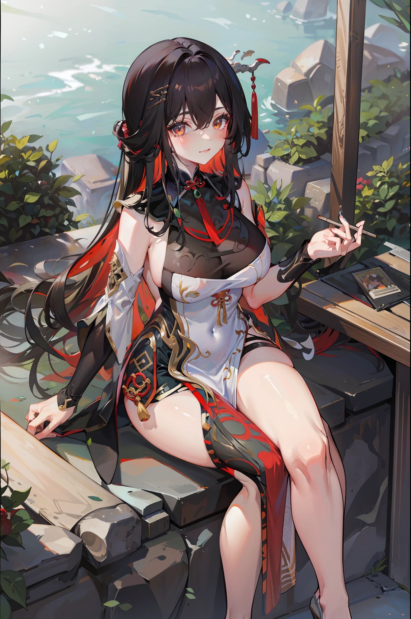 hight resolution,official arts,Masterpiece,Best Quality,
1girl,独奏,slight smile,blusher,garden,sitting,
large breasts,mature female,
lingguang,Chinese dress,(hair stick:1.2),
