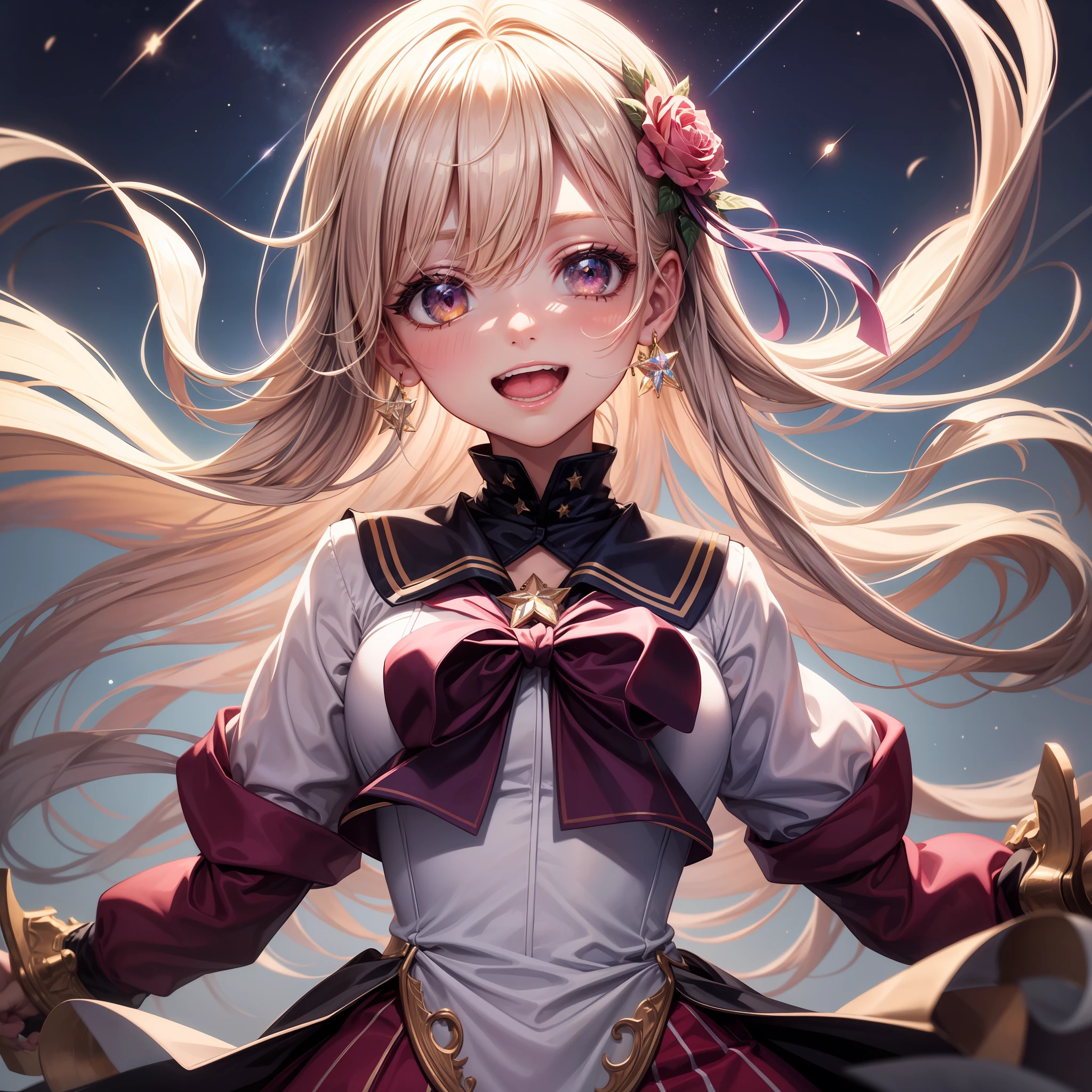chest out, absurdres, superfine illustration,rainboweffect, highres, ultra detailed,light diffusion,highly detailed light reflection, kaleidoscope, harmonious, best shadow, highly detailed very beautiful big smile face, ;D, beautiful growing crystal diamond star pupil,look at viewer, beautiful detailed hair, solo, dynamic pose, beautiful detailed pink and black ribon, beautiful detailed High school uniform, Fantastic and the whole shines and shooting star and the wind is strong in detail background