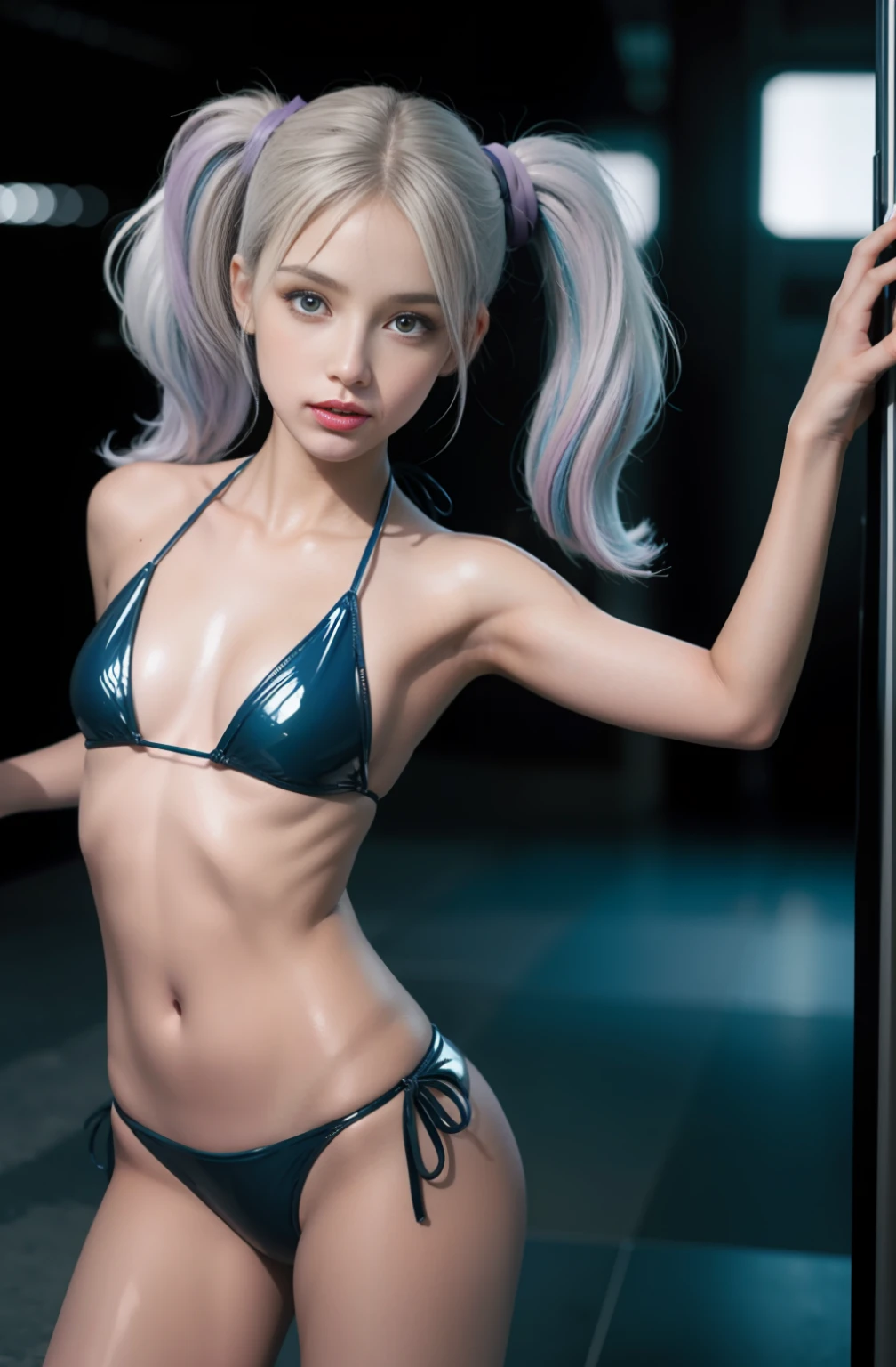 (Real))))Photos, ((Full Body:1.1)), Best Quality, 1 petite fit woman, Ultra Detailed Face, Detailed Lips, Detailed Eyes, Beautiful Face, Beautiful Eyes, (pastel purple tactical bikini, glossy Latex),, white Hair, Twintails, Best Quality, Pale Skin, Su-Liu Aska Langle, living futuristic city Background, (Face and Eye Details:1.1) , self-righteous, blush, ((shy)), very delicate and beautiful seductive girl, dynamic pose, (to8contrast style),