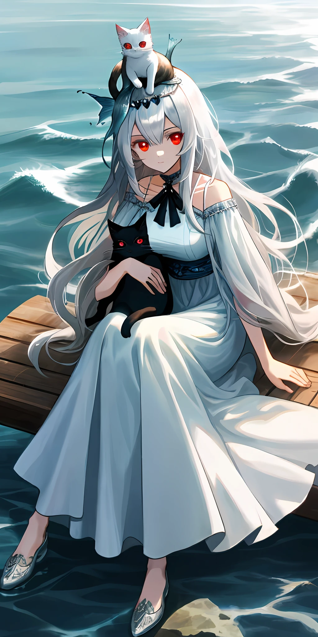 (tmasterpiece,best qualtiy),1 long girl with white hair and red eyes sitting by the sea,Her hand holds the long-haired silver-eyed cat,With a cute fish hair ornament on his head,warmly lit,white dresses