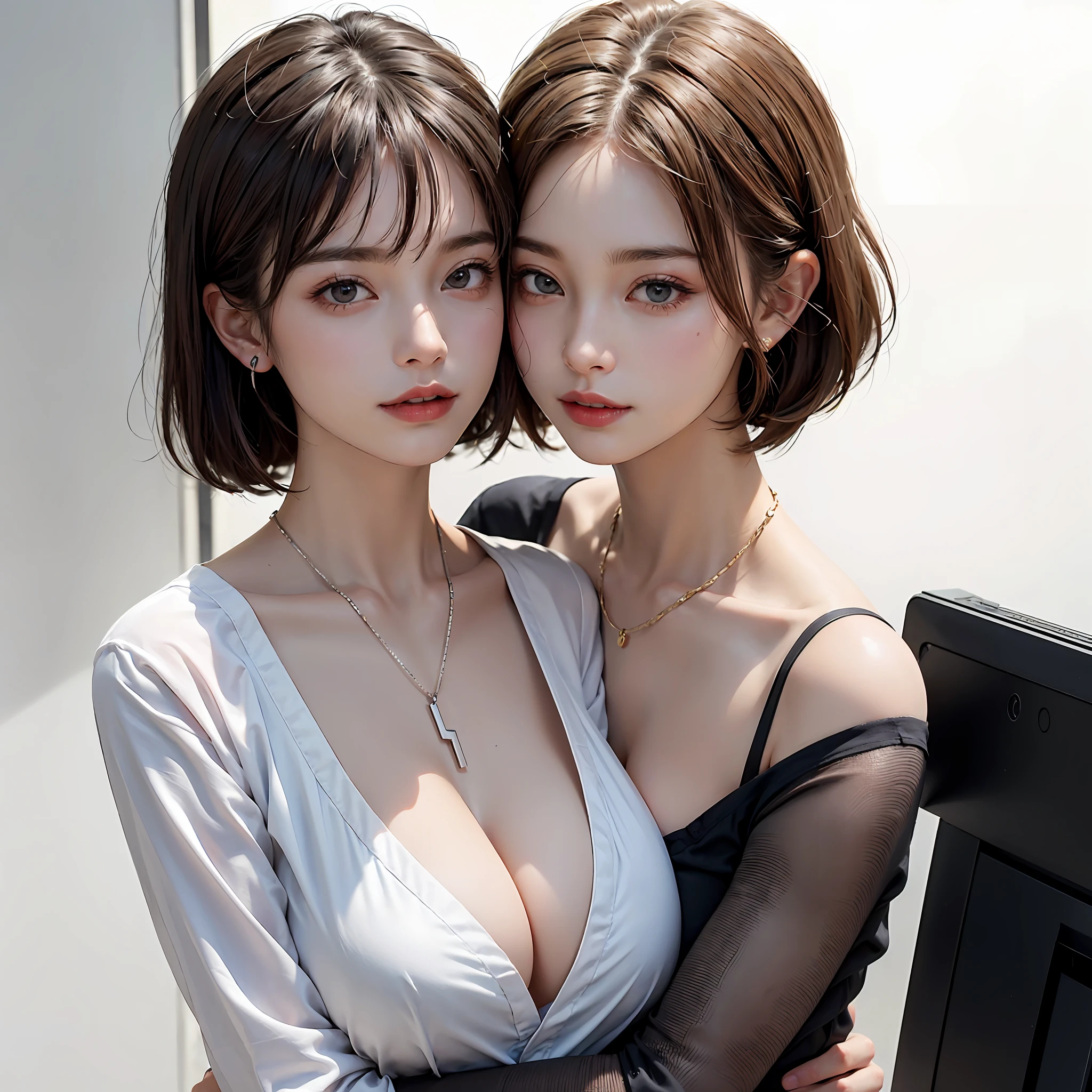 Two girls hugging and hugging each other、masterpiece、highest quality、realisticlying、realisitic、Seductive bright smile、short clean hair with bangs、Loose business shirt、enticing eyes、(cleavage of the breast)、In a modern office、(Pure white background with really nothing from floor to ceiling)、(28 year old)、extremely detaile、tall、neck long、Straighten your back、Put your ears out、Highlights in the eyes、lipgloss、glowy skin、White-colored skin、Clean collarbone、closes mouth、Happily、Nice proportions、Look firmly at the camera、Chained、lovely