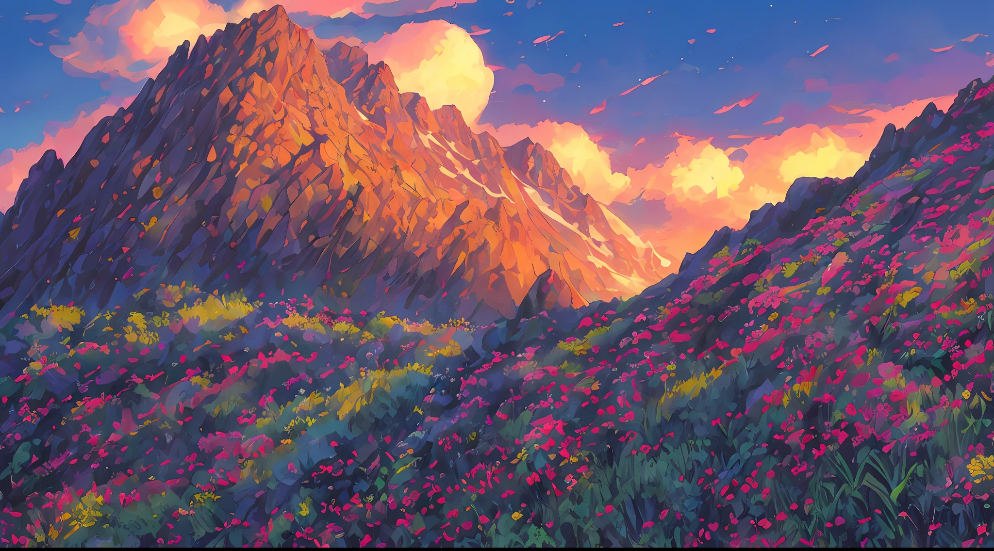 In the mountains and forests, un claro, Anochecer y atardecer, Prados,