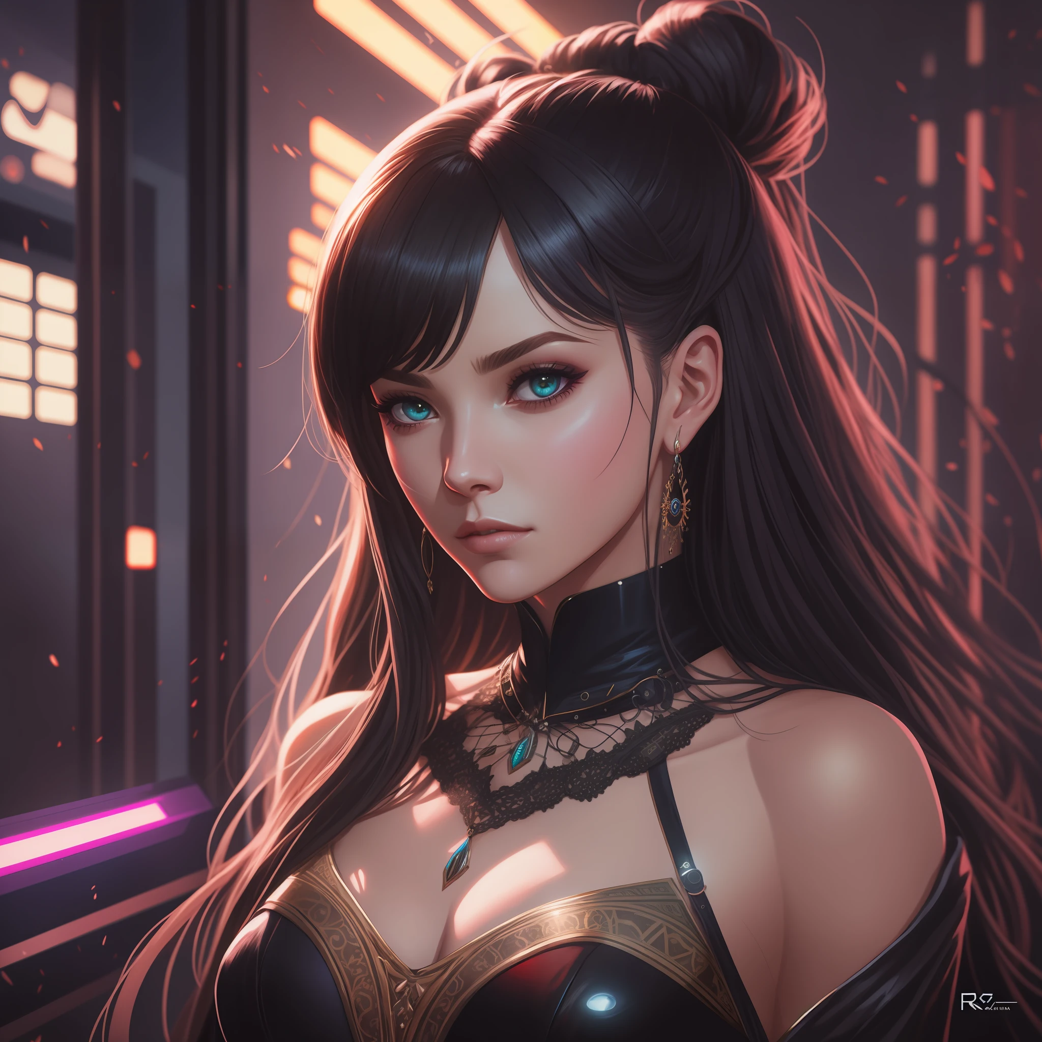 Wawavawa bonito como bruxa, rosto lindo detalhado, wearing a gothic dress, esthetic, Synthwave, cores escuras, psicodelic, art-station, coroa feita por flores, arte conceito, liso, Extremely sharp details, detalhes afinados, ultra high def, 8 mil, Motor Unreal 5, focus ultra sharp, illustration, Arte por Artgerm, Greg Rutkowski e Alphonse Mucha, luz noturna,
