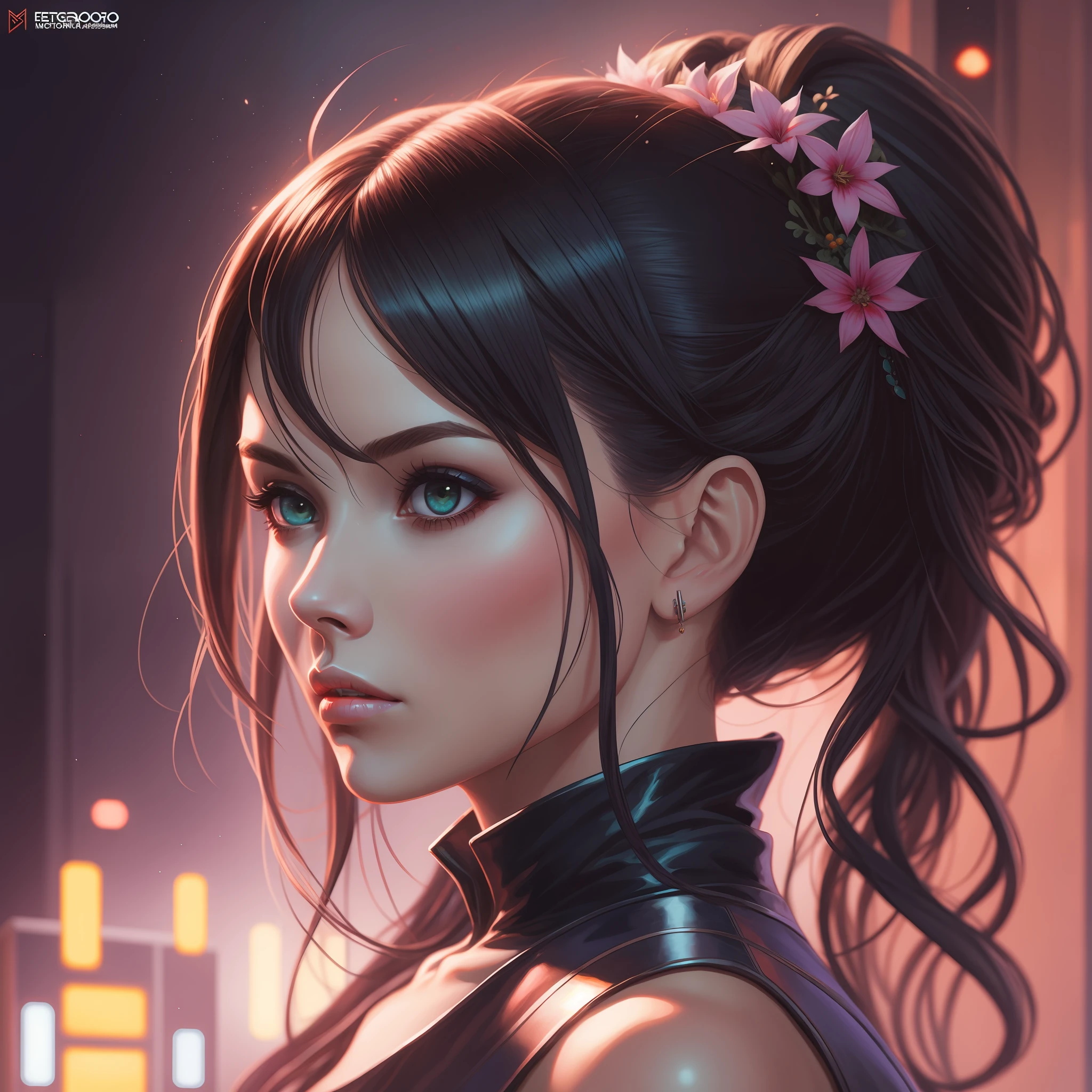 Wawavawa bonito como bruxa, rosto lindo detalhado, wearing a gothic dress, esthetic, Synthwave, cores escuras, psicodelic, art-station, coroa feita por flores, arte conceito, liso, Extremely sharp details, detalhes afinados, ultra high def, 8 mil, Motor Unreal 5, focus ultra sharp, illustration, Arte por Artgerm, Greg Rutkowski e Alphonse Mucha, luz noturna,