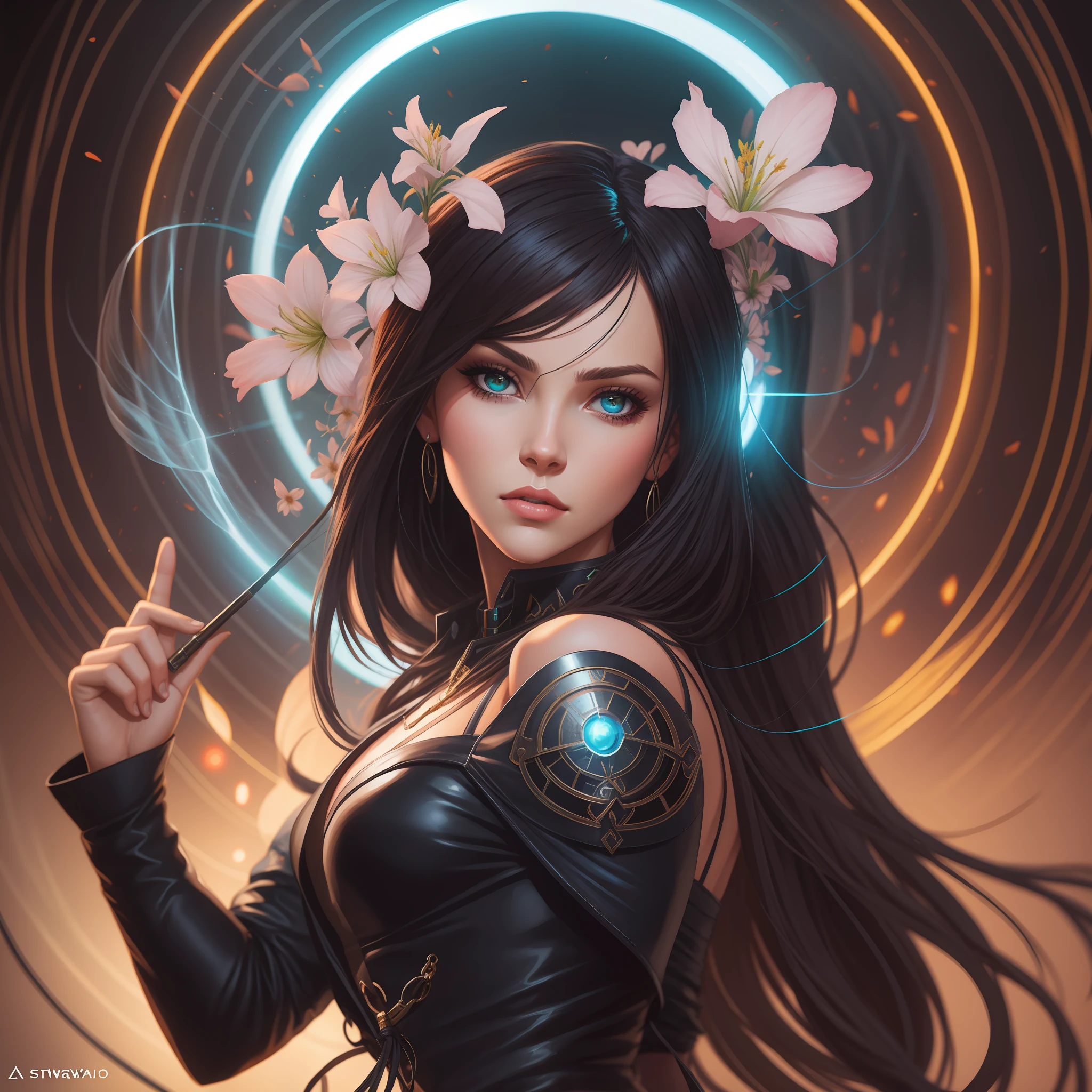 Wawavawa bonito como bruxa, rosto lindo detalhado, wearing a gothic dress, esthetic, Synthwave, cores escuras, psicodelic, art-station, coroa feita por flores, arte conceito, liso, Extremely sharp details, detalhes afinados, ultra high def, 8 mil, Motor Unreal 5, focus ultra sharp, illustration, Arte por Artgerm, Greg Rutkowski e Alphonse Mucha, luz noturna,