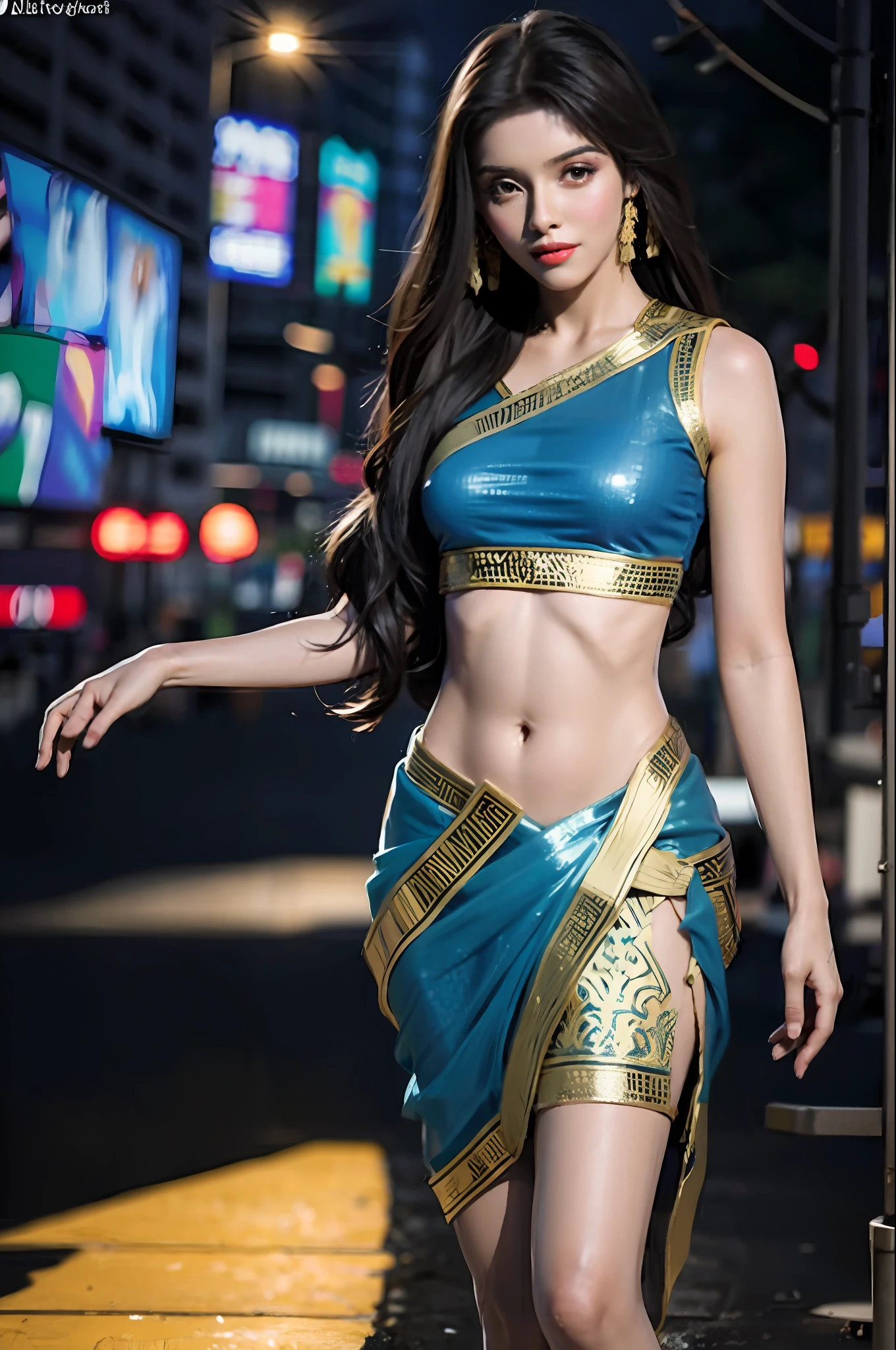 A girl , standing, wearing sexy transparent sari , showcasing her beautiful navel , long hair , beutiful face , seductive pose , erotic