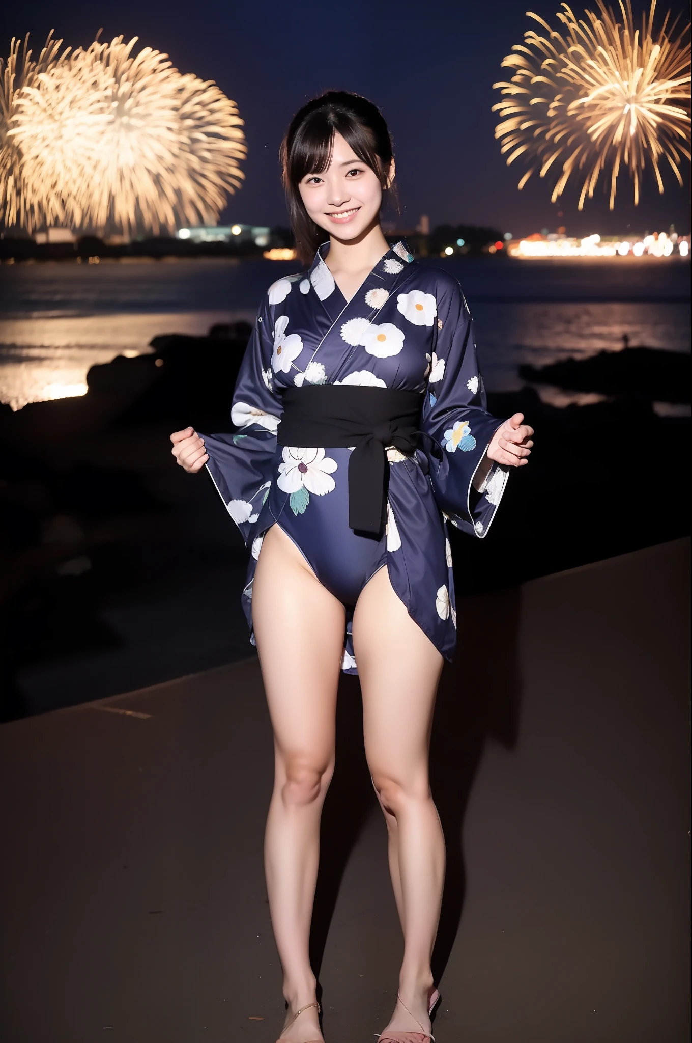 ((Japan girl in yukata style school swimsuit)), 18yr old,bangss,Thin eyebrows,a little bit smile,poneyTail,thighs thighs thighs thighs,shores,nighttime scene,fireworks