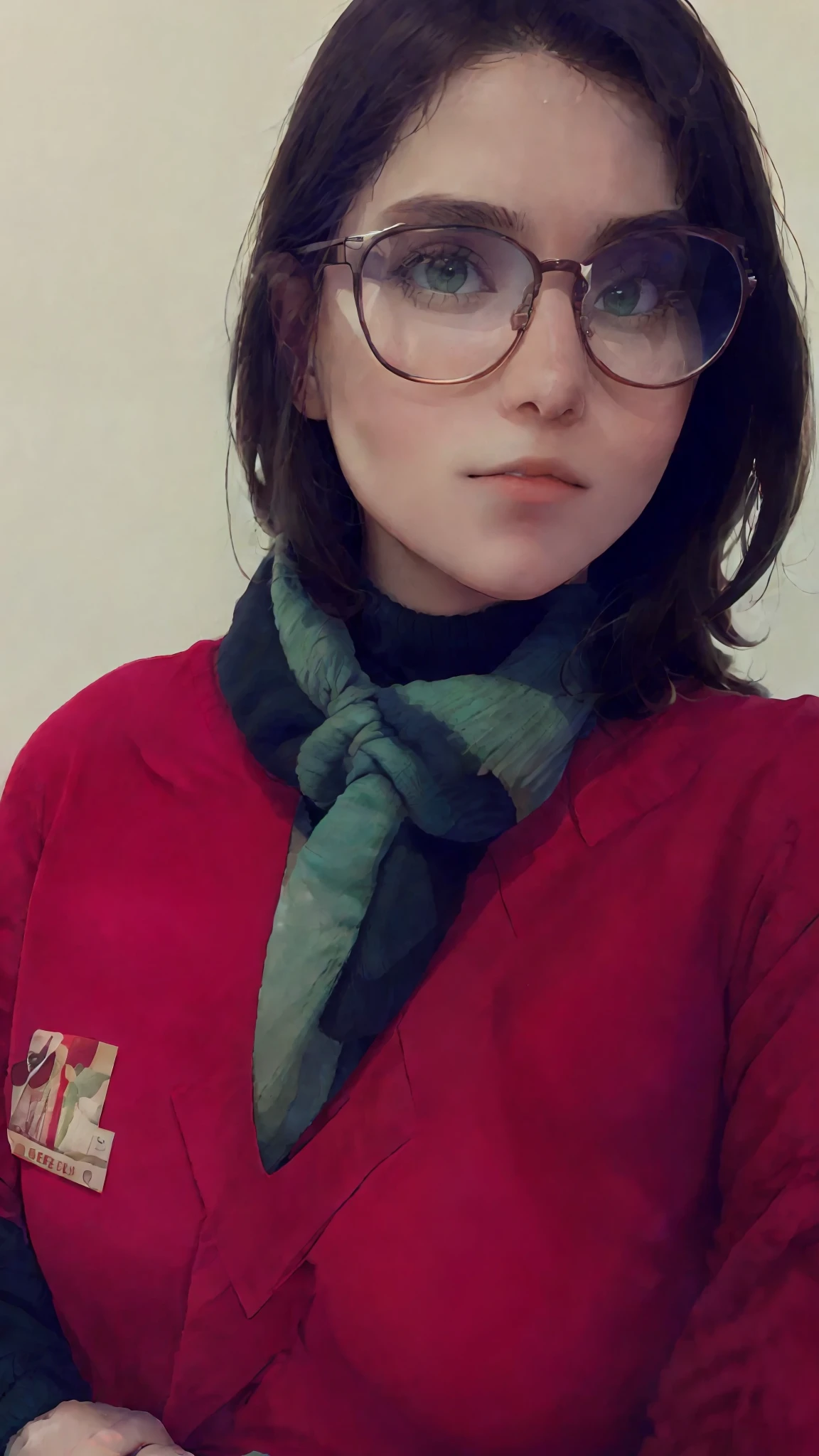 there is a woman wearing glasses and a red sweater and green tie, !!wearing modern glasses!!, red scarf, !!wearing glasses!!, imagem de qualidade muito baixa, Directed by: Emma Andijewska, imagem de perfil, 8k)), With eye Glasses, foto de perfil, Foto de perfil, Andorinha Toron, ((retrato)), tons de vermelho e verde, with square glasses
