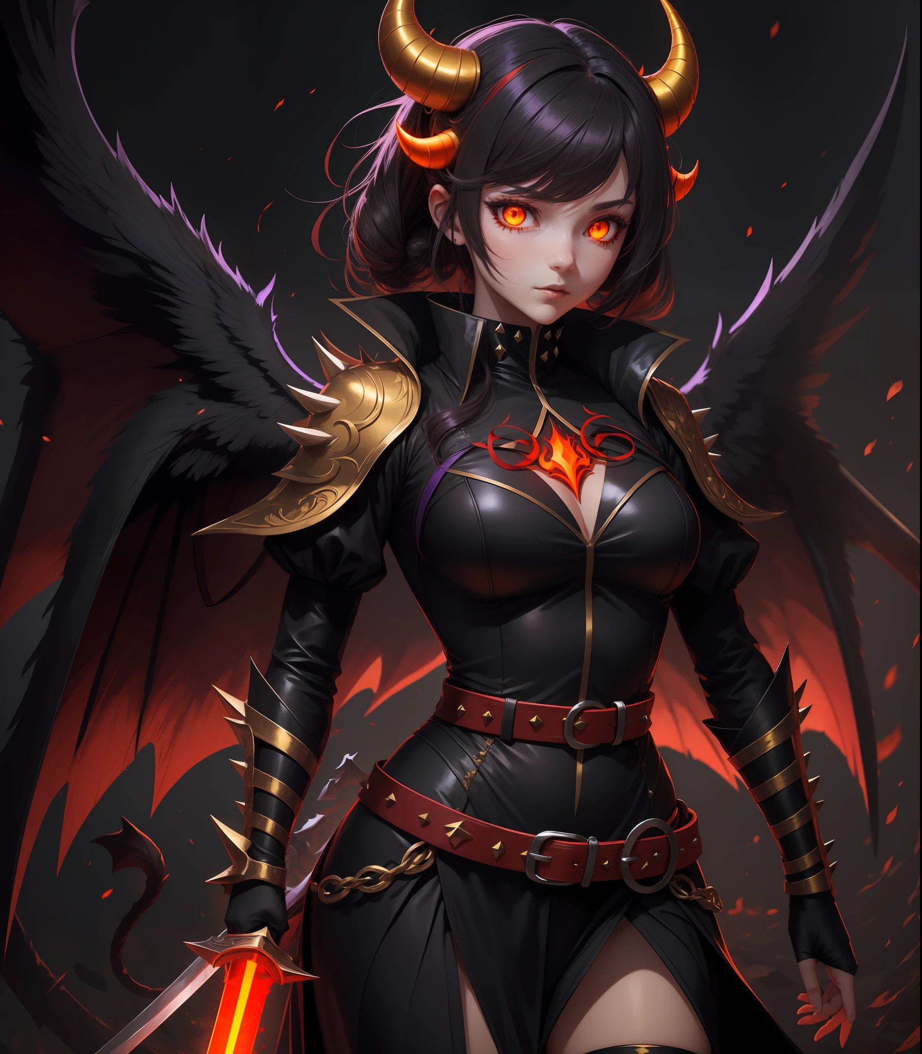 Dark Inferno Magical Transformation Girl, black costume with dusk-red ribbons and belts, four glowing red-orange horns, orange-red Ero-hawk hairstyle, glowing yellow eyes, long black tail with spikes, black swords with gold hilt, black and purple demon wings, masterpiece, best quality