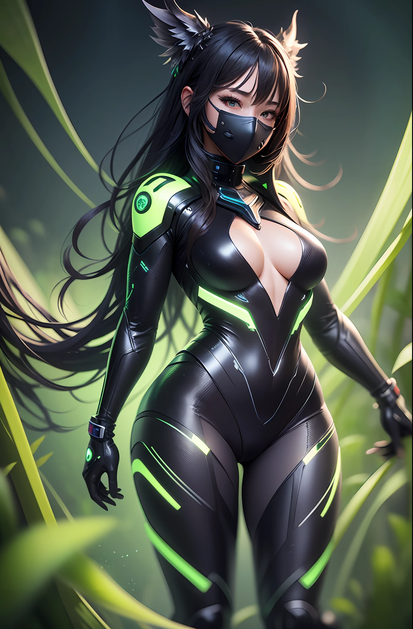 full body picture Unreal Engine 5 8K UHD of beautiful girl, green Japanese style long hair, wearing futuristic black tight battle suit, half face mask, futuristic neck collar, grass green light details, Best quality, 巨作