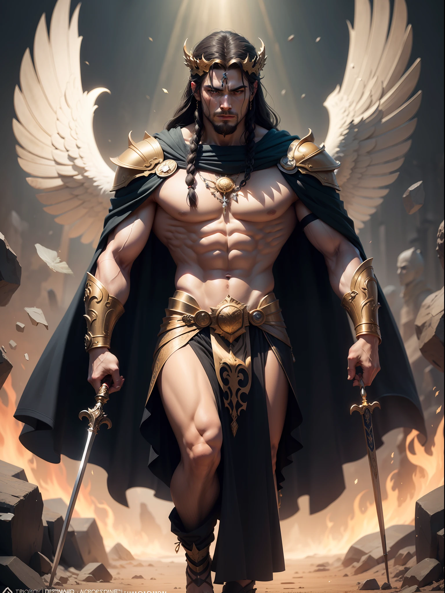 (masterpiece) create a ultra realistic Portrait of a strong and handsome male winged god. The god should have a confident and powerful expression on his face, with piercing eyes that convey his strength and wisdom. His hair should be long and flowing, and his skin should be smooth and flawless.As for clothing, the god should be adorned in regal and luxurious greek like garments, perhaps with a long flowing cape that billows behind him in the wind. He should be carrying a weapon of some sort, perhaps a sword of light or a spear of fire, to signify his strength and power. The overall mood of the image should be one of awe and reverence, with the god depicted in a majestic and god-like manner. The background of the image should be epic and grand, perhaps with clouds or mountains in the distance to further emphasize the god's divine stature. The final image should be awe-inspiring and leave the viewer in no doubt of the god's power and majesty. 3d render, octane render, cinematic, trending on artstation | Isometric | Centered hipereallistic cover photo awesome full color, , hand drawn, dark, gritty, realistic mucha, klimt, erte .12k, intricate. hight definition , cinematic,Rough sketch, mix of bold dark lines and loose lines, bold lines, on paper , full body with silky dress, humanoid, Full body