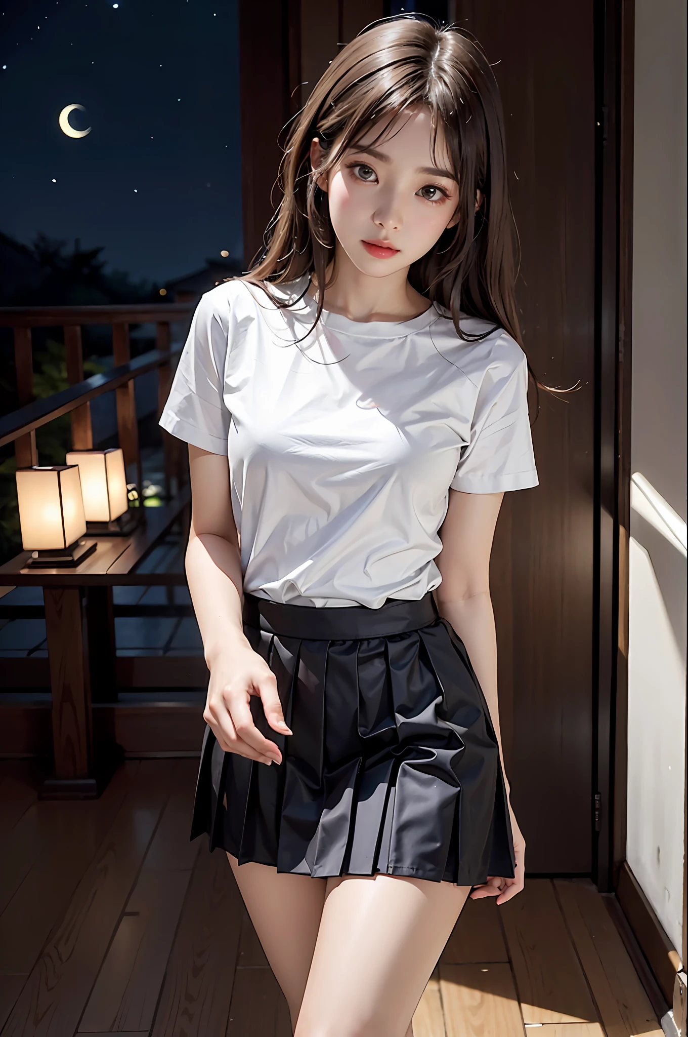 ​masterpiece、The highest image quality、One Beautiful Girl、A detailed eye、Swollen eyes、brown haired、length hair、fair white skin、cute little、Cute legs、a short skirt、japanese lady、a asian beauty、moonlights、Strong eyes、profesional lighting、Bright lighting、二重まぶた、thin、japanese lady、a asian beauty、opening legs、the skirt is slightly rolled up、Fine pleated skirt