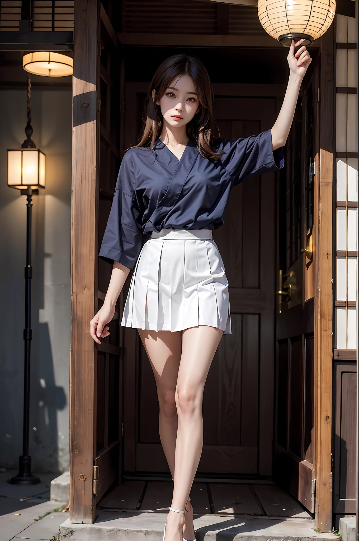 ​masterpiece、The highest image quality、One Beautiful Girl、A detailed eye、Swollen eyes、brown haired、length hair、fair white skin、cute little、Cute legs、a short skirt、japanese lady、a asian beauty、moonlights、Strong eyes、profesional lighting、Bright lighting、二重まぶた、thin、japanese lady、a asian beauty、opening legs、the skirt is slightly rolled up、Fine pleated skirt