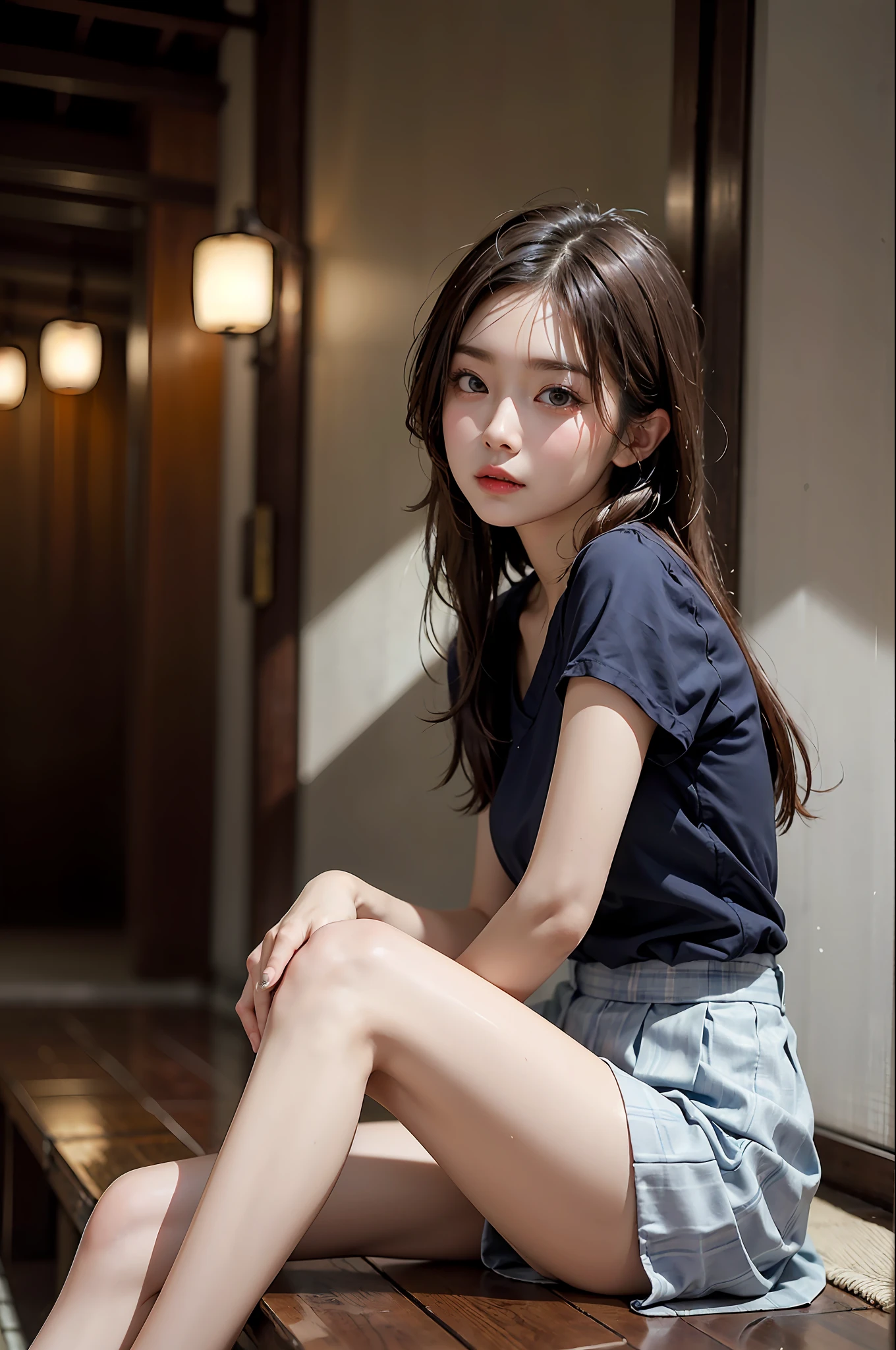 masterpiece、The highest image quality、One Beautiful Girl、A detailed eye、Swollen eyes、brown haired、length hair、fair white skin、cute little、Cute legs、a short skirt、japanese lady、a asian beauty、moonlights、Strong eyes、profesional lighting、Bright lighting、二重まぶた、thin、japanese lady、a asian beauty、opening legs、the skirt is slightly rolled up、Fine pleated skirt