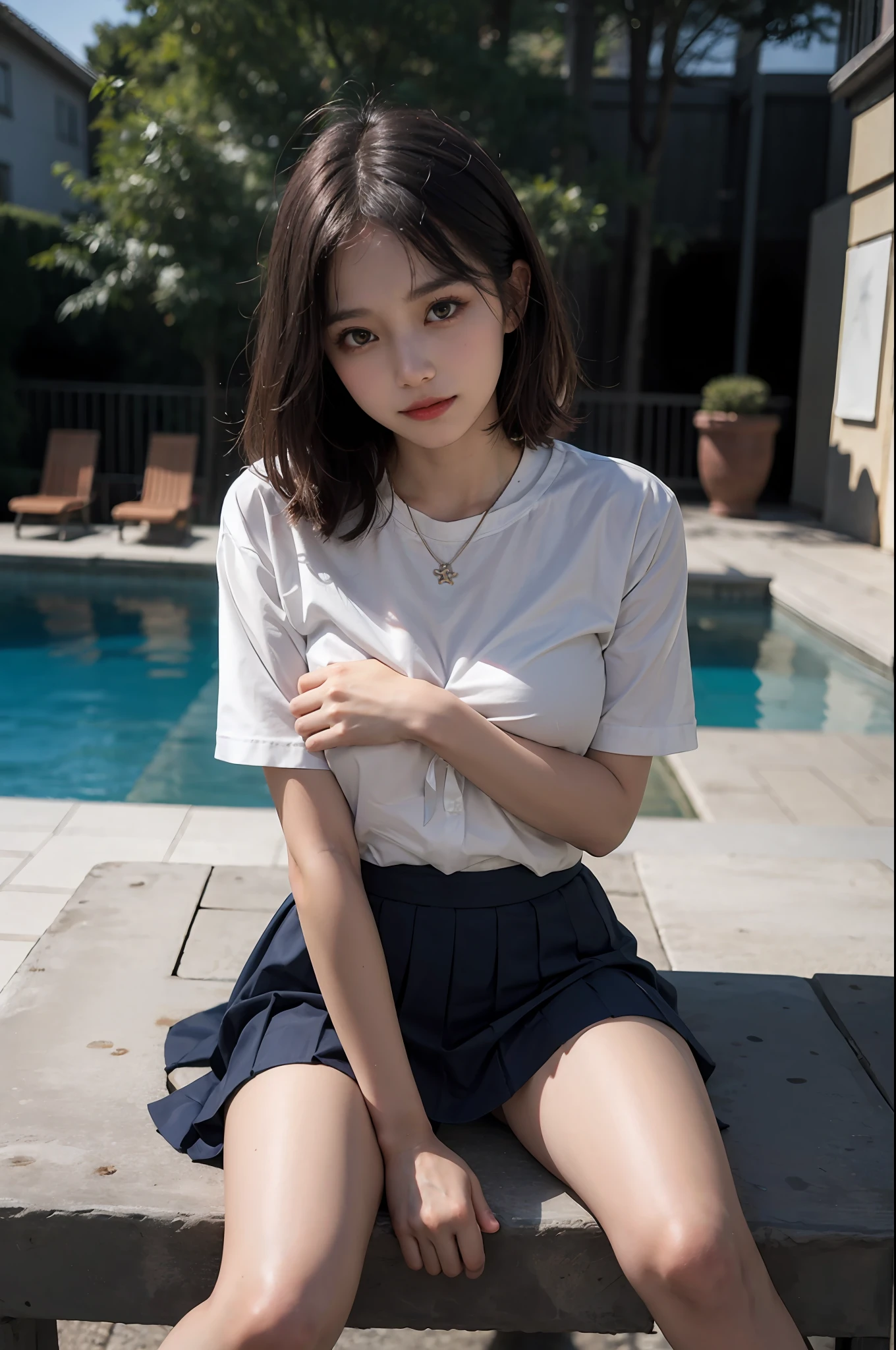 Korean School Uniform、School Uniform Shirts、bow ribbon、skirt by the、Light brown hair、Poolside at night school、Poolside bench at night、dark ambiance、8K RAW Photos、hight resolution、Cute Japan 、very large round breasts、beautiful eyes finely detailed、long eyeslashes、Beautiful double eyelids、Slender eyes、elongated eye shape、Sanpaku eyes、Duck mouth、evil smile、Evil look、beautiful and very thin legs、beautiful and very thin thighs,、Random Shorthair、Tie your hair behind your head、耳环、a necklace、The crotch is visible、extremely short skirts、opening legs、